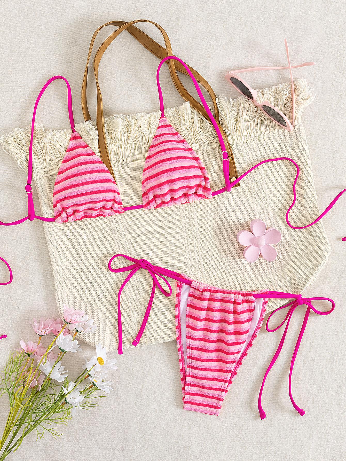 Terry Cloth Striped Triangle Tie Side Bikini Set, Textured String Swimsuit Two Piece Bathing Suit for Women Beachwear