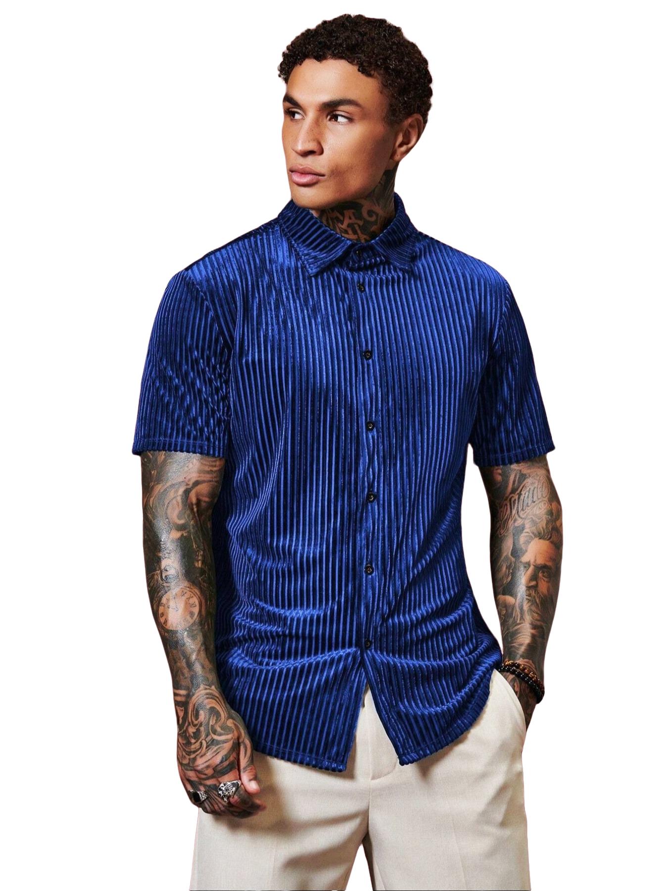 Men's Velvet Drawstring Gemstone Blue Short Sleeve Shirt, Plaid Fabric, Soft Comfortable Material, Casual Style, All Seasons