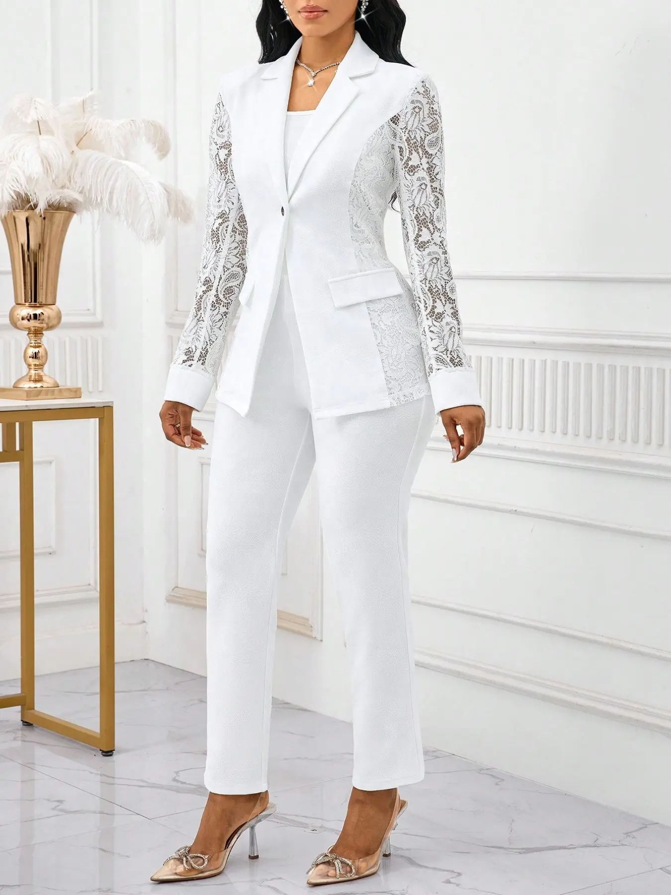 Women's Two-Piece Suit Set, Floral Lace Collar Long Sleeve Blazer + Slim Fit Nine-Quarter Pants, Formal Business Elegant for Weddings, Parties, Office