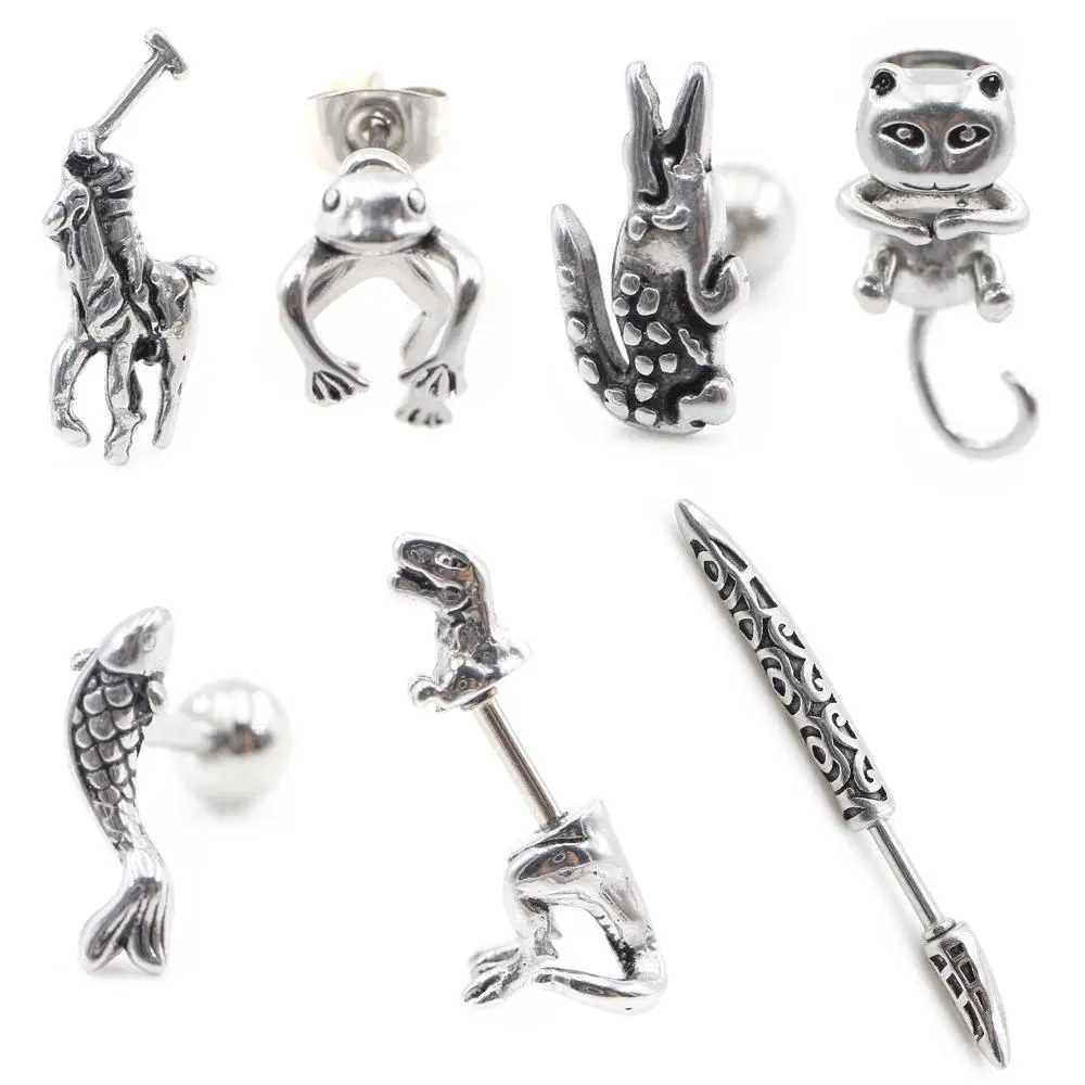Alisouy 2PCS Stainless Steel Dinosaur Crocodile Frog Horse knight Fish Cat Ear Stud Cartilage Helix Earrings Piercing Jewelry