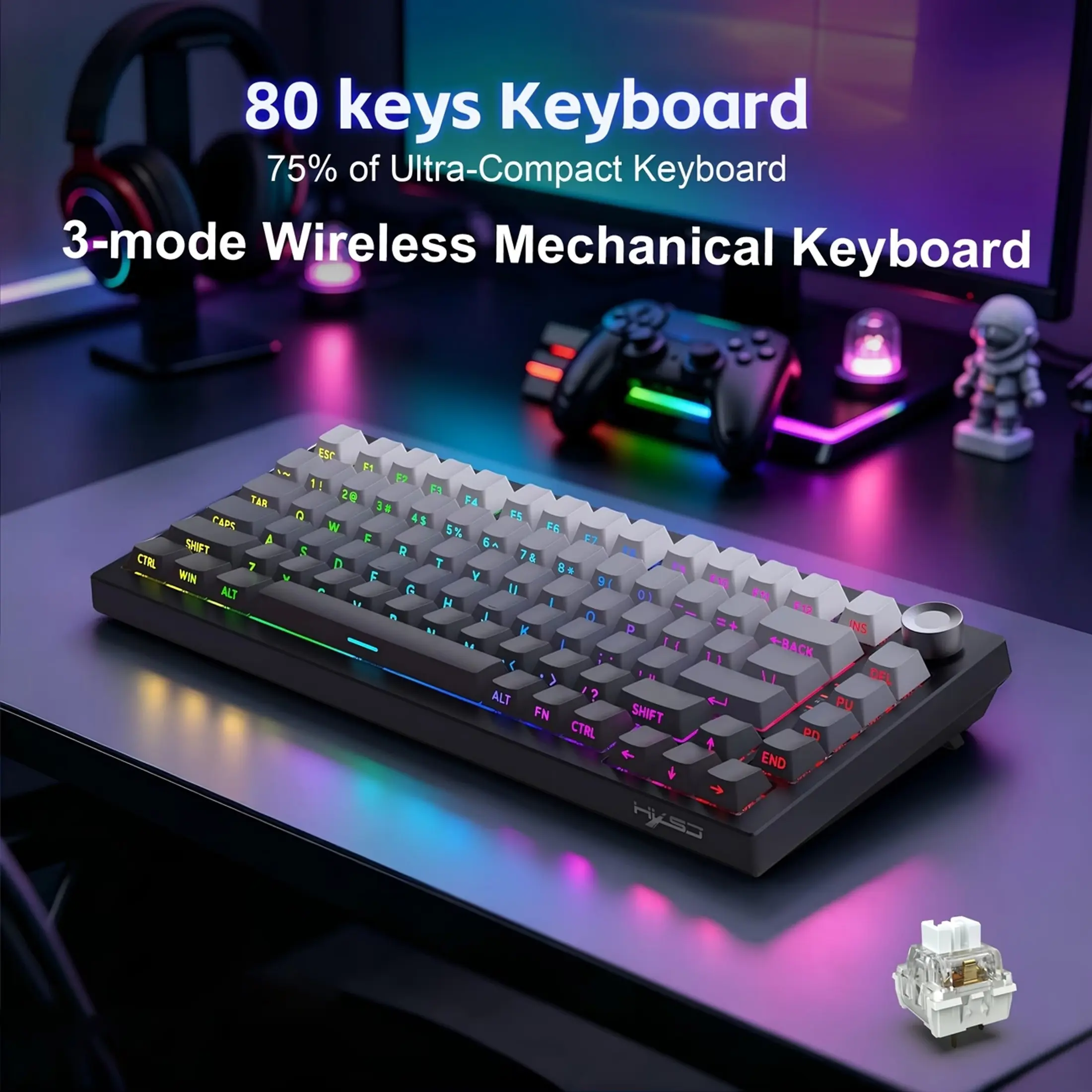 Wireless Mechanical Keyboard,75% Hot Swappable Custom Keyboard with Knob,RGB Backlit, Light Up Keyboard,Pre-lubed Reaper Switches,Side Printed PBT Keycaps,2.4GHz/USB-C/BT5.0 Mechanical Gaming Keyboards
