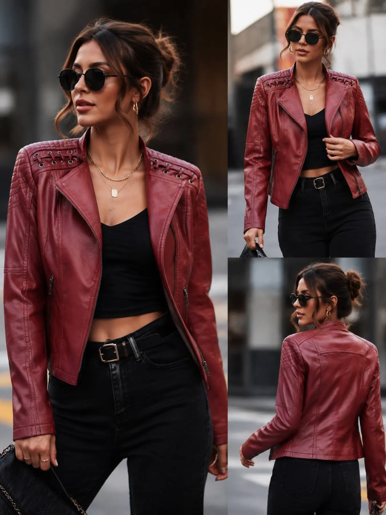 Women's Spring Autumn Faux Leather Motorcycle Jacket, Asymmetrical Front Design, Thin PU Coat, Casual Fashion Zipper Outerwear