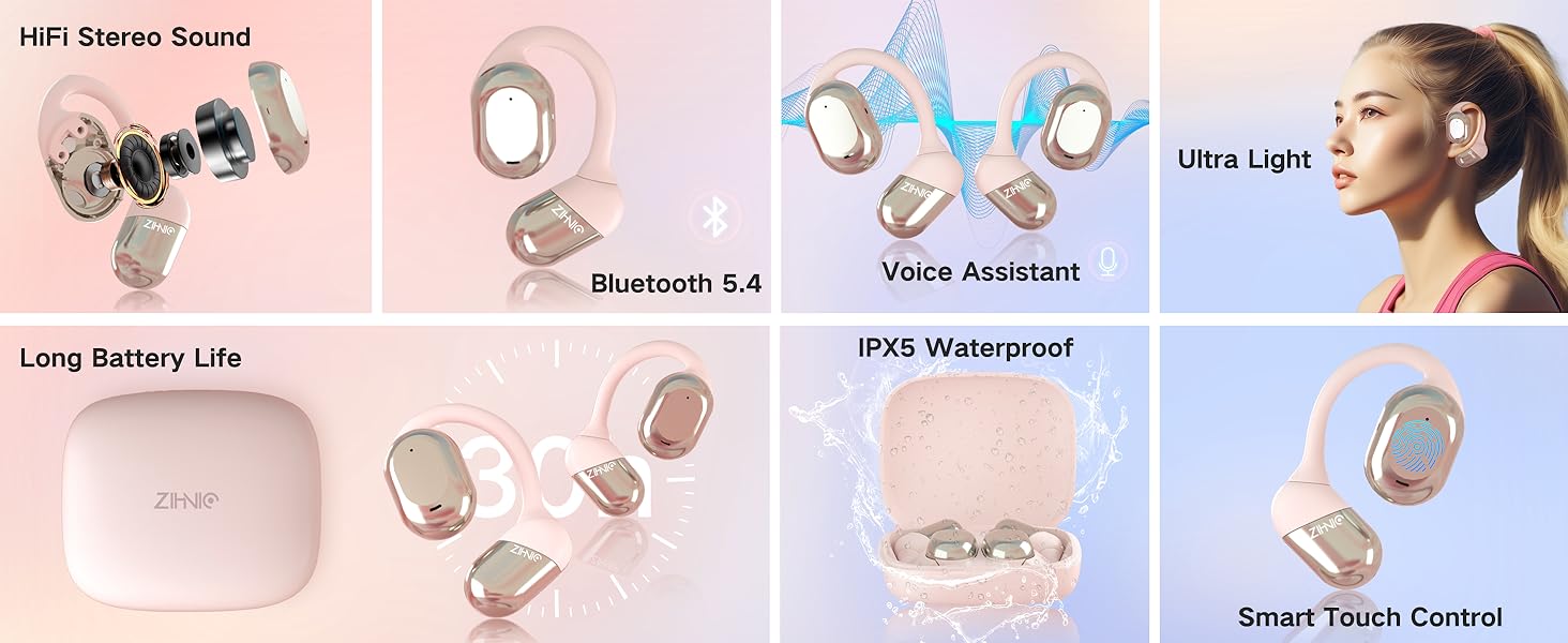 ZIHNIC ZN-S05 Wireless Open-Ear Headphone,V5.4 Earphones ,Fashionable Earbuds,IPX5 Water Proof,Wireless Gaming Headphones,HIFI Sound Quality Music Earbuds for Gaming Travel Sports Built-in Mic,Electronic Audio&Video Product Headset