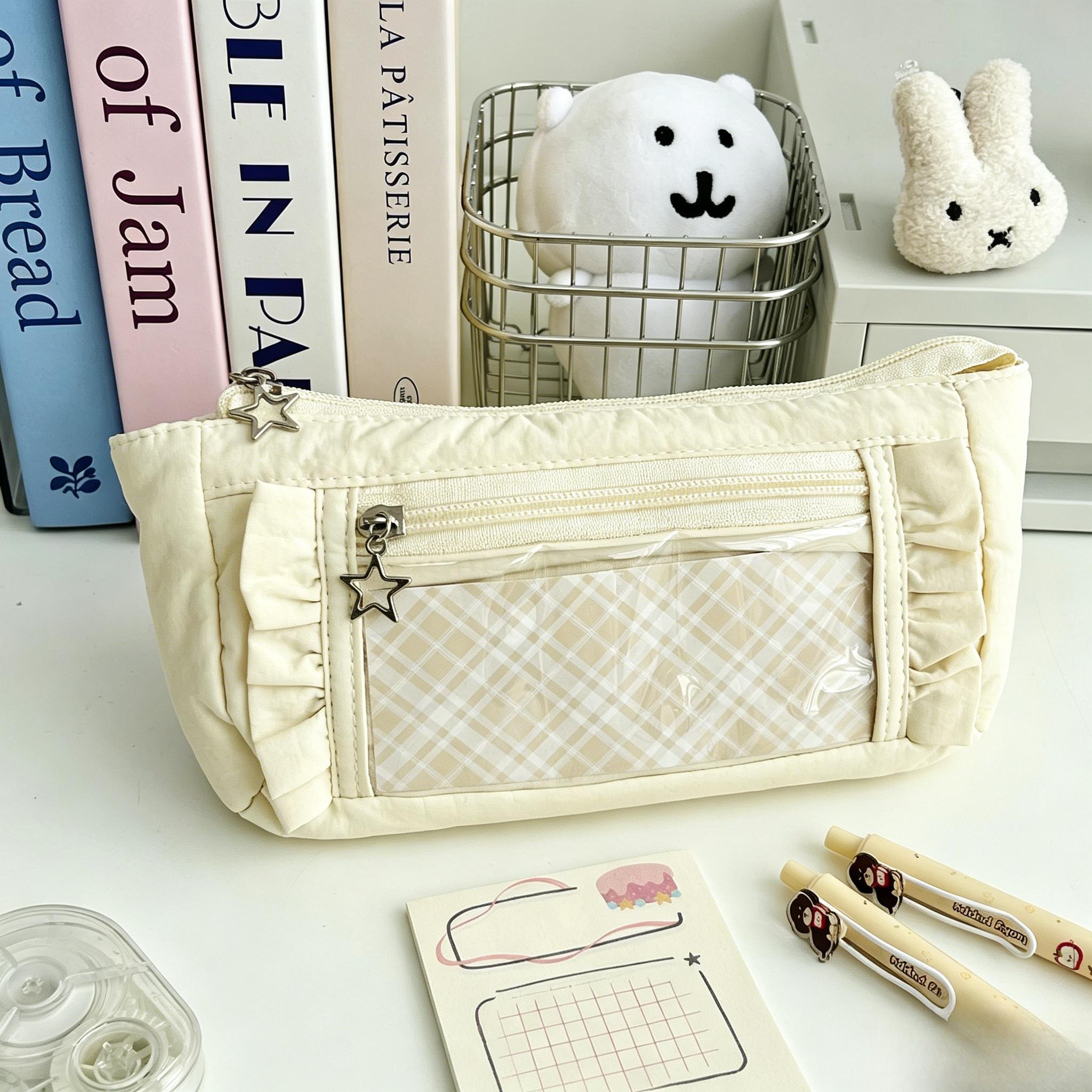 Back To School Kawaii Pastel Plaid Ruffle Pencil Case with Cute Star Charm, Aesthetic Double Zipper Stationery Pouch with Clear Window, Large Capacity Pen Organizer for School Supplies Desk Storage Daily Travel Essentials