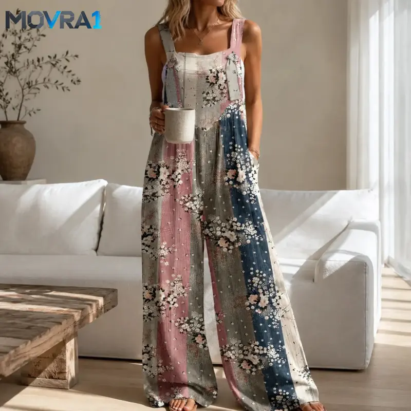 MOVRA1 Women's Boho Patchwork Floral Print Sleeveless Square Neck Loose Fit Bib Overalls Jumpsuit - Polyester Blend, Pockets, Vintage Retro Tropical, Cold Wash, Everyday Travel Casual Style