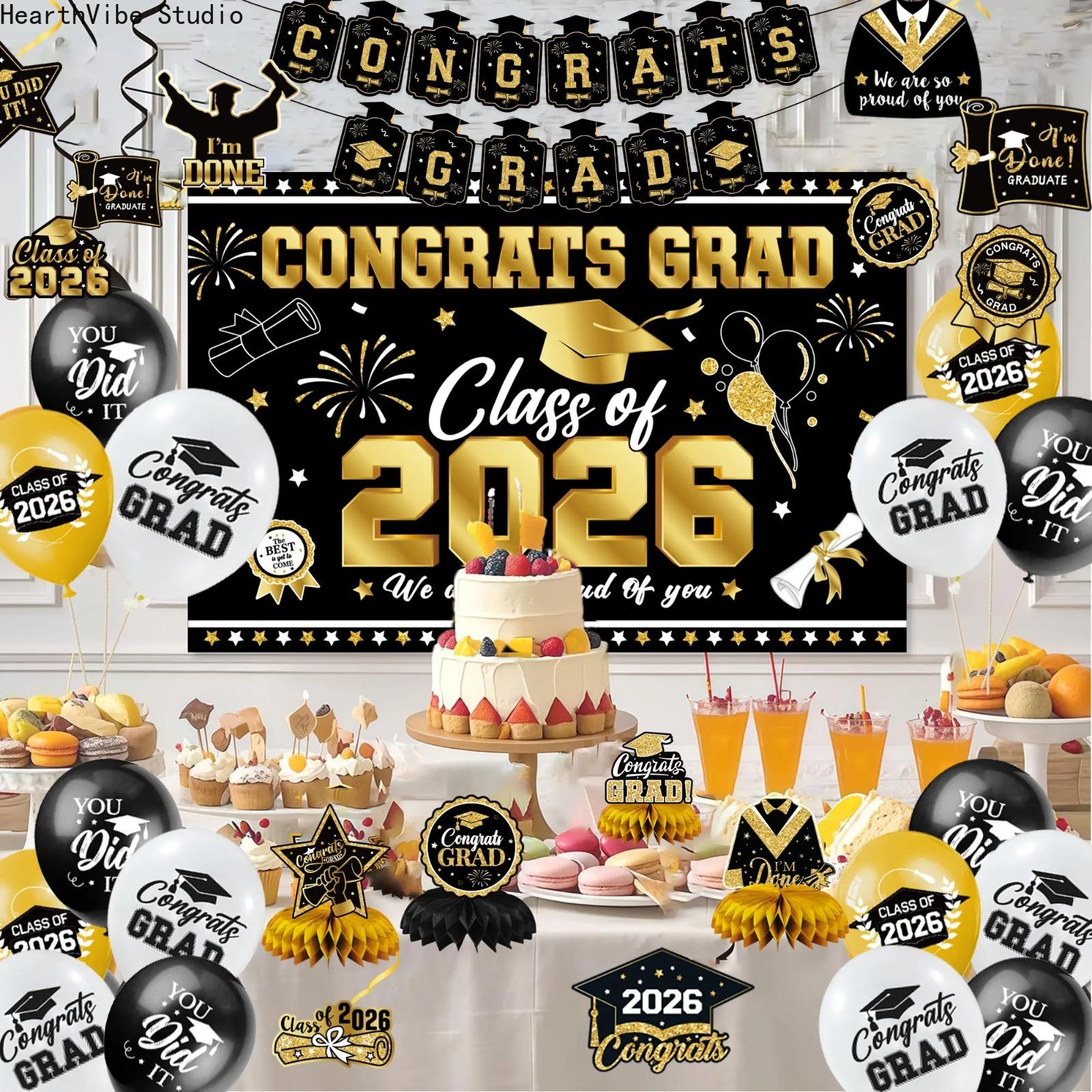 2026 Graduation Decorations Set, Complete Black & Gold Kit with Backdrop & Balloons, Elegant Congrats Banner for High School, Aesthetic Supplies for Home, Summervibes Edition, Graduation Decorations 2026