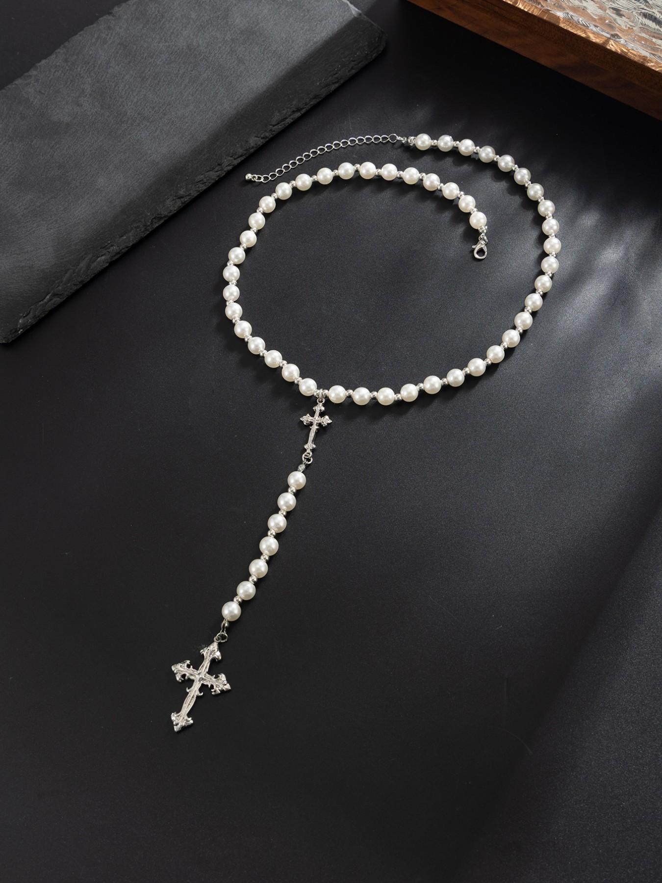 American Vintage Cross Pearl Y-Shape Necklace, Antique Silver Color Pendant, Hip-Hop Men's Accessory, Subculture Fashion Jewelry