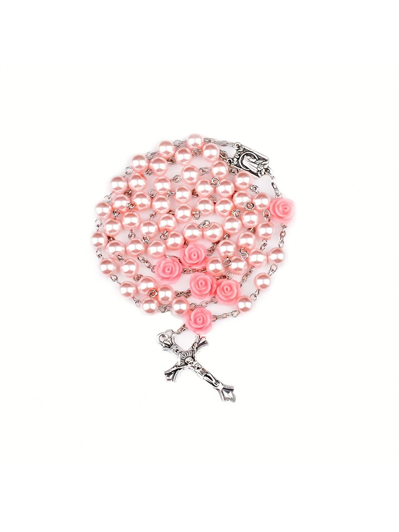 Vintage Pink Resin Beaded Rose Cross Pendant Clothing Accessories Jewelry, Light Luxury Premium Commemorative Gift for Family and Friends