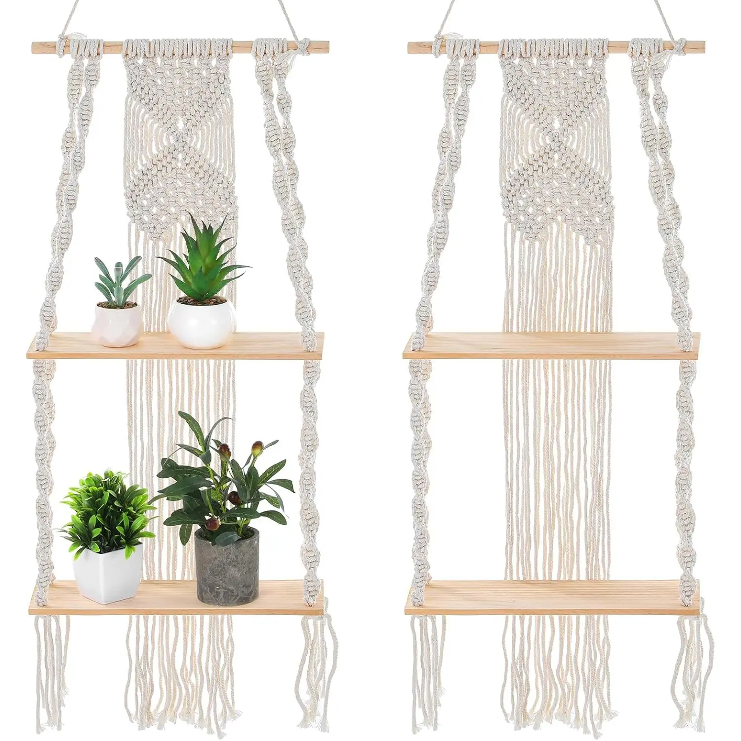 2 Packs Macrame Wall Hanging Shelf 2 Tier Handmade Boho Hanging Wall Shelf Floating Woven Rope Decorative Storage Racks Holder Organizer for Home Bedroom Bathroom Plants, Beige