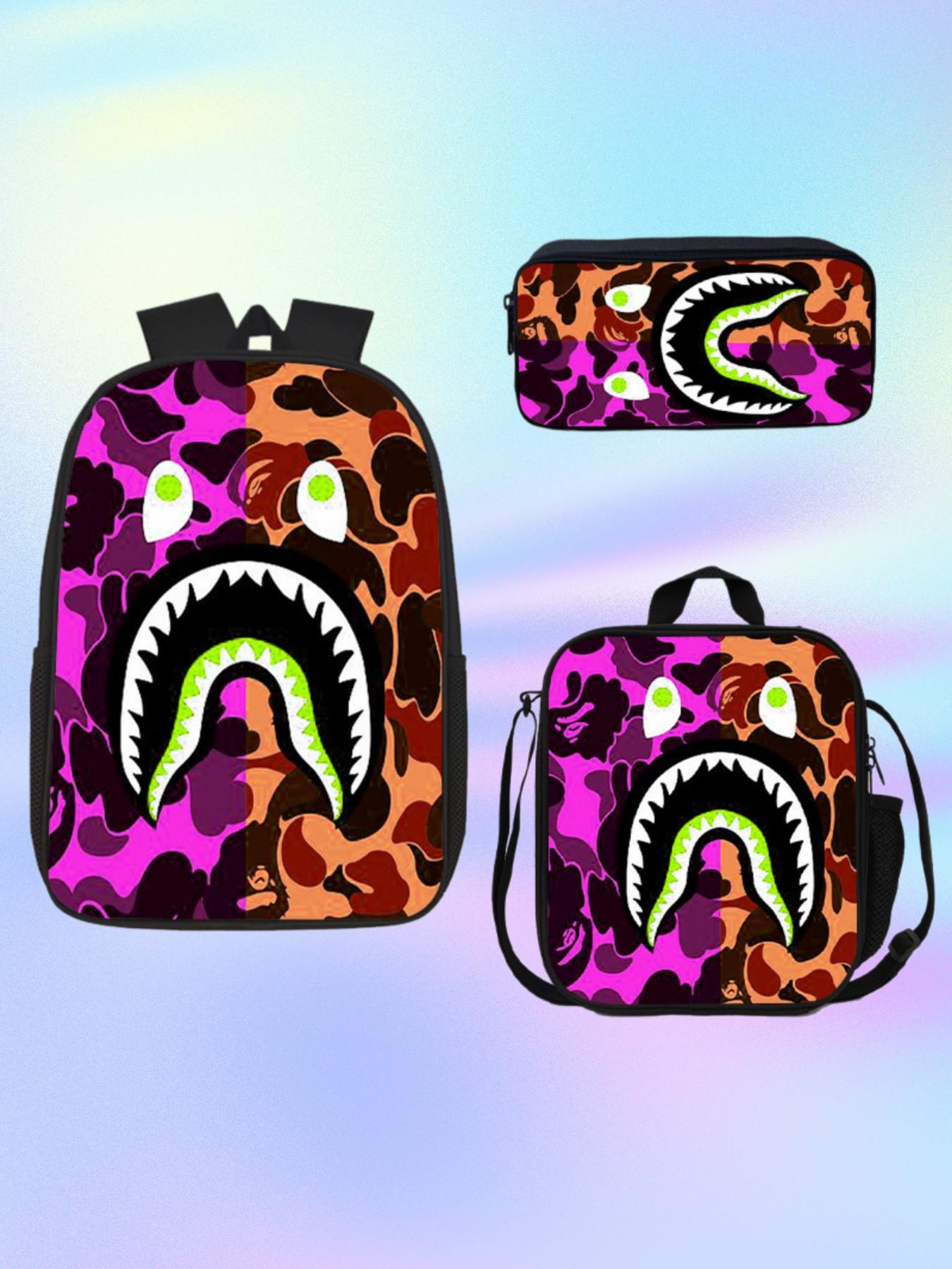 Trendy Camo Shark Print Backpack 3 Piece Set, Includes School Bag, Insulated Lunch Box, Pencil Pouch, Durable Travel Bag for Kids and Teens