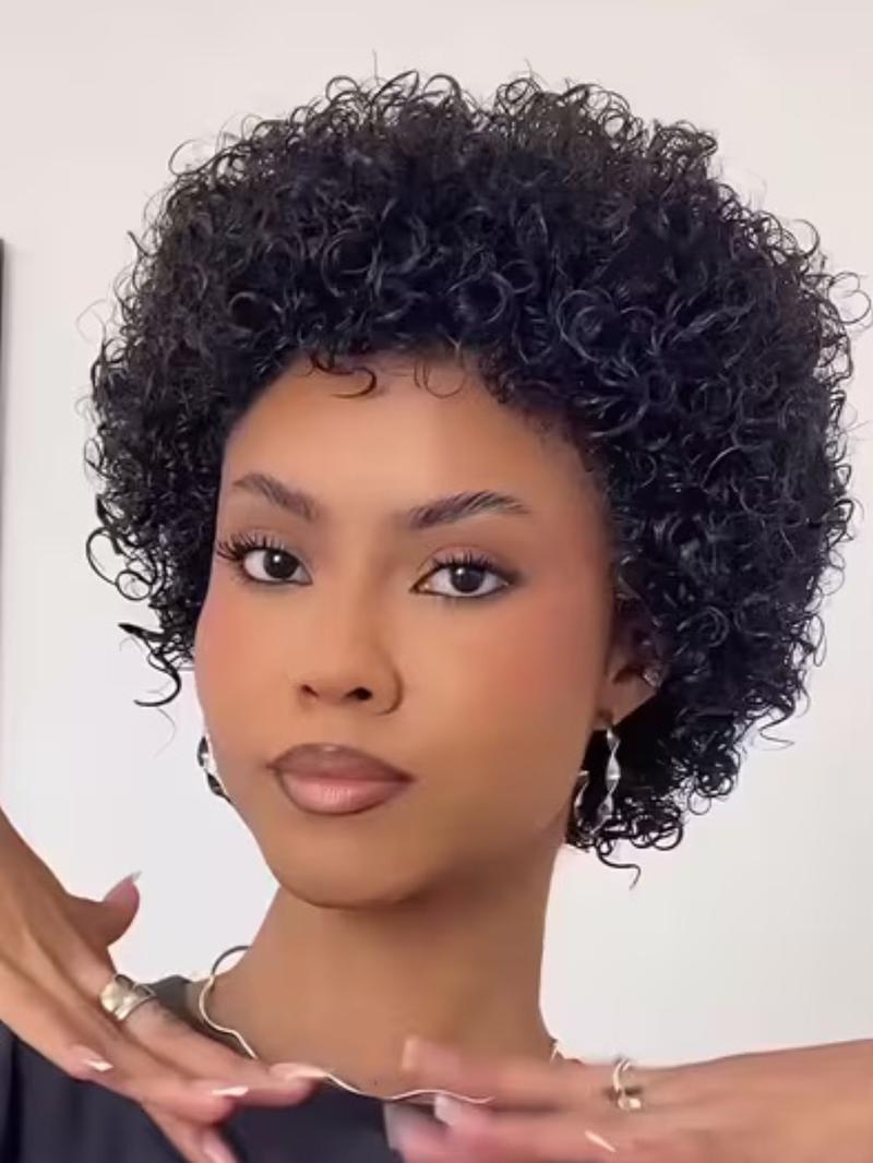 Curly Pixie Cut Wigs with Bangs, Human Hair for Women, Short Layered Bob Wig, Natural Look, Easy Maintenance, Perfect for Daily Wear, Kinky Curly Wig