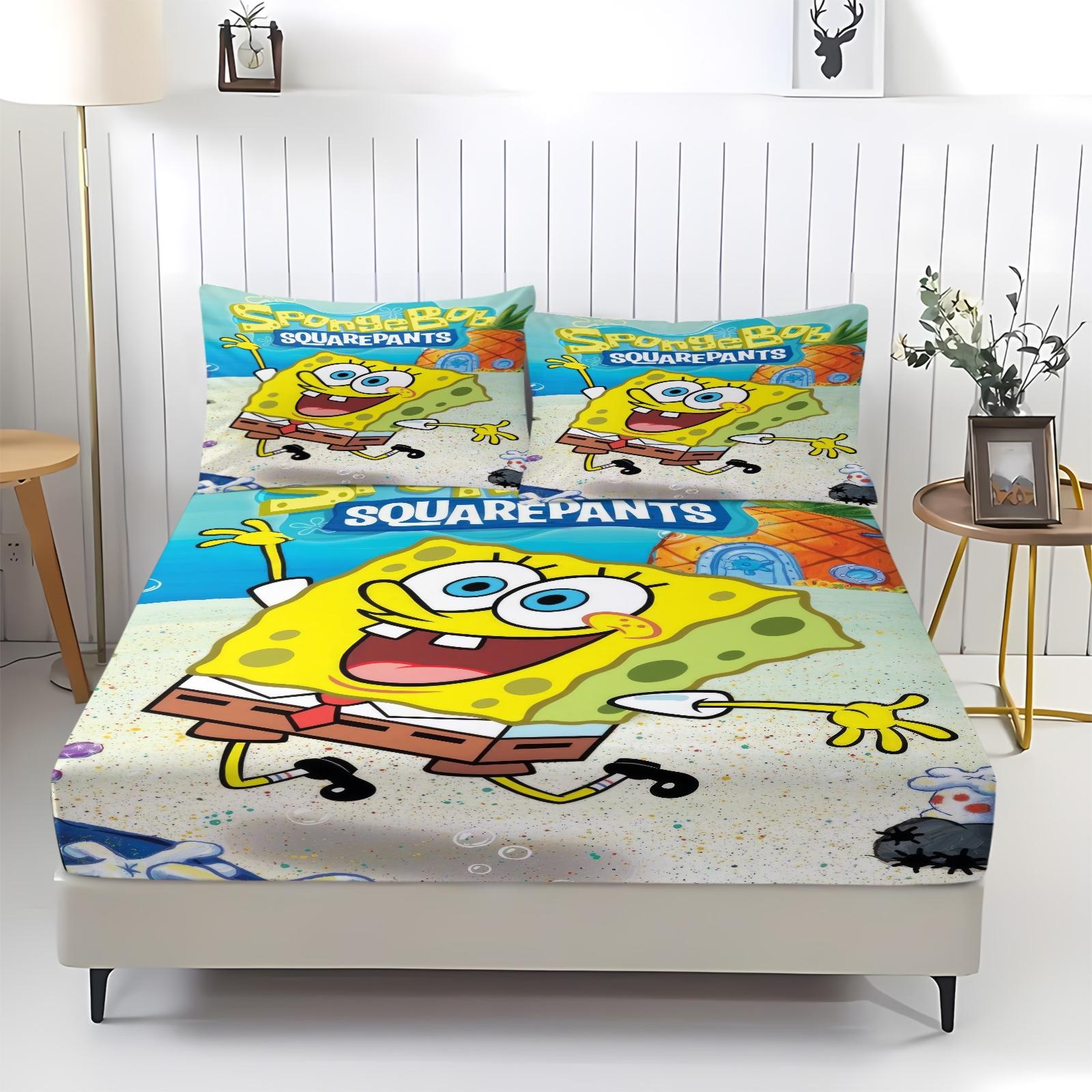 3 Piece Spongebob Pattern Fitted Sheet Set, Soft And Durable Bedding Set Includes 1 Piece Flat Sheet And 2 Pieces Pillowcases, Daily Holiday Birthday Gift Bedroom Decorations For Kids And Adults