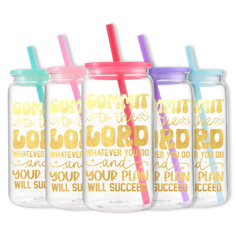 1pc/16oz/500ml/Plastic Mason Cup With Lids And Straw,Iced Coffee Cup,Mason Jar,Water Bottle,Commit To The Lord Whatever You Do And Your Plan Will Succeed Perfect For Birthday Celebrations,Christmas Gifts,Mother's Day Gifts,Holiday Party Decorations
