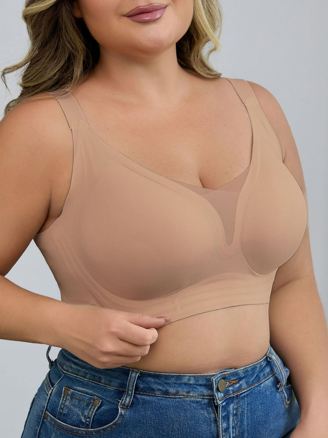 Women's Plus Size Seamless Wireless Bra - Gather & Lift Support, Breathable Mesh, High Side Wings for Side Fat Control, No Underwire Comfort