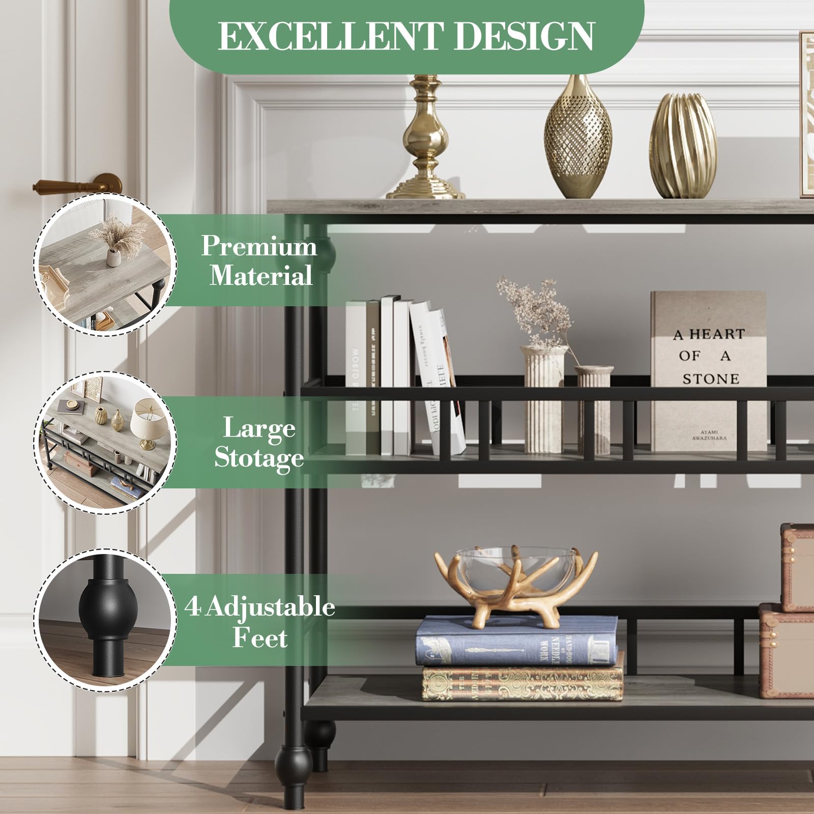 43" Extra-Space 3-Tier Console Table Narrow Sofa Side Table with Ample Shelves for Living Room, Hallway & Bedroom