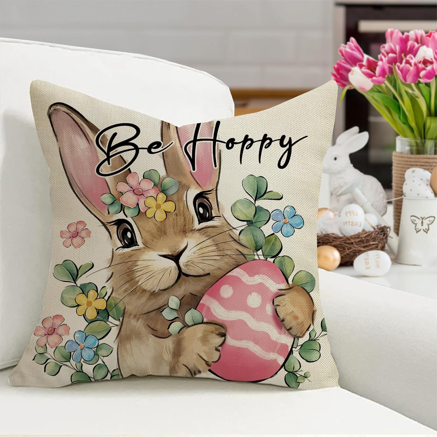 Easter Themed Cushion Cover, 4 Counts/set Rabbit & Egg Pattern Cushion Cover without Filler, Home Decor for Living Room Bedroom, Holiday Themed, Hunny Bunny, Egg Hunt