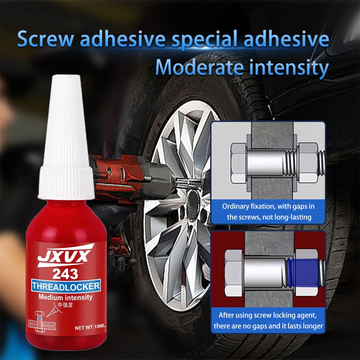 243 Threadlocker. Thread locking adhesive. High‑strength anaerobic glue. Heat‑resistant. Special adhesive for anti‑loosening and fastening. Prevents automobile wheel hub bolts from loosening.