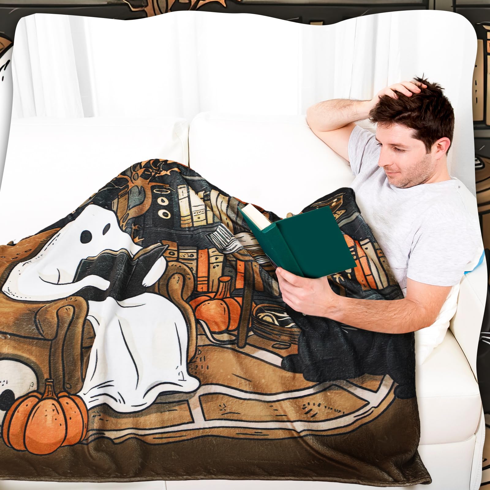 Clearance Sale Halloween Cute Ghost Throw Blanket with Bookshef Design Soft Cozy Blanket for Fall Reading Nook Autumn Winter Decor for Couch Sofa Bedroom Office Home Spooky Blanket Boo Basket Gift for Women Men Wife Book Lovers Outdoor Halloween Decor