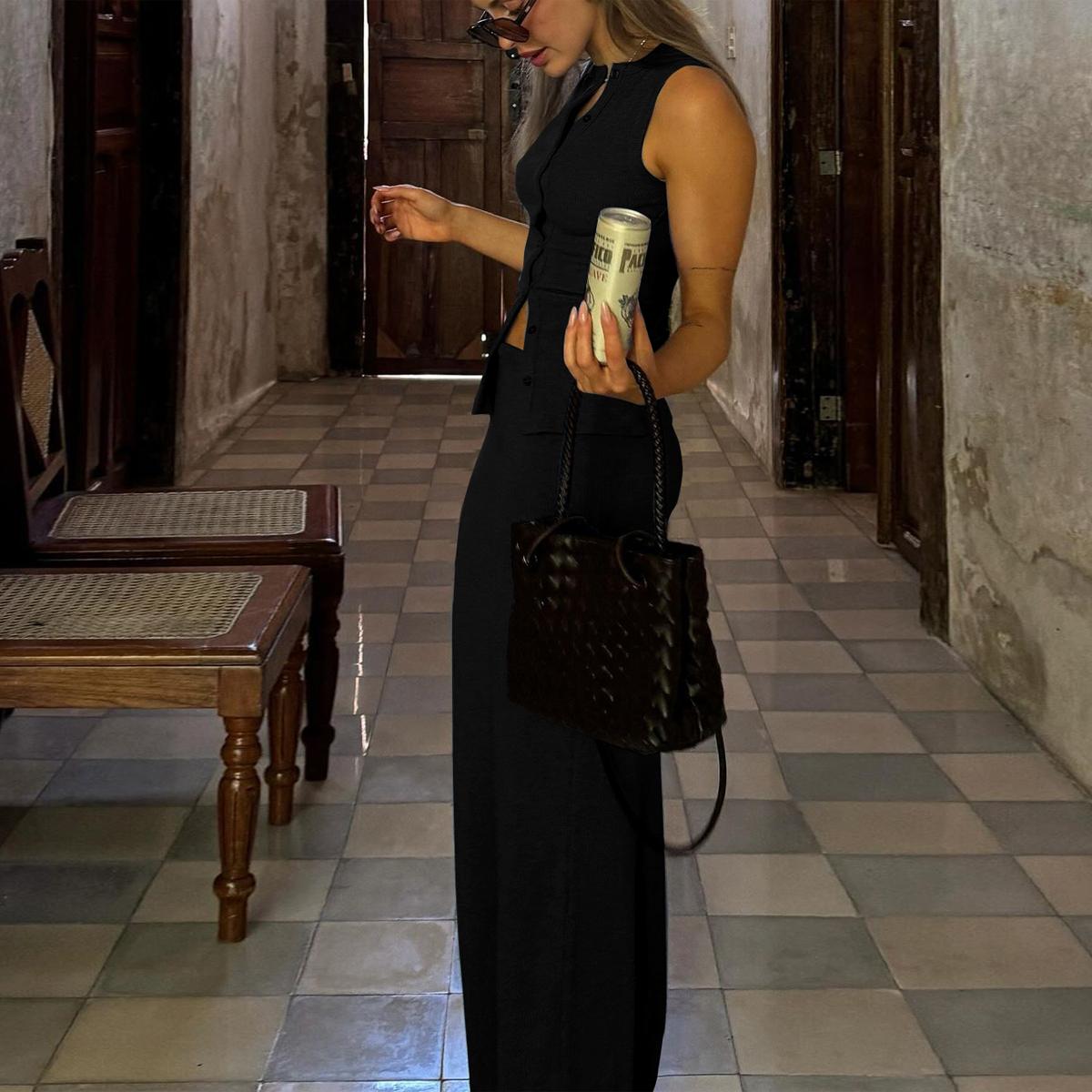 Ribbed Button Front Tank Top & Midi Fishtail Skirt Two Piece Set Women's 2025 Summer Casual Elegant Slim Bodycon Suit for Night Party Club Beach Vacation Outfits Suit