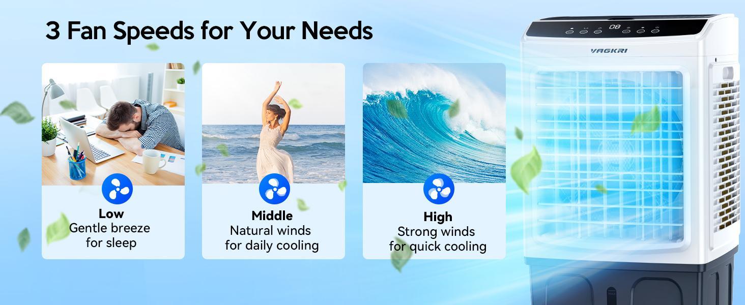 Evaporative Air Cooler, VAGKRI 2100-3000CFM Swamp Cooler, 120&deg;Oscillation Air Cooler with Remote Control, 24H Timer, 3 Modes & Wind Speeds for Outdoor Indoor Use, 9.2Gallon-12Gallon