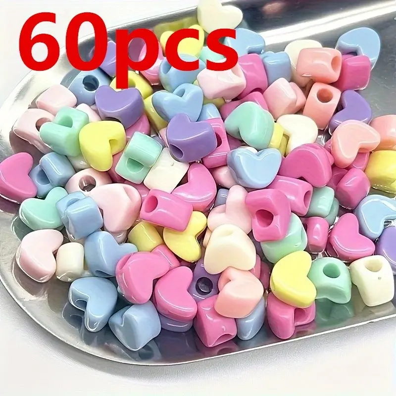 60pcs 9x11mm Candy Color Acrylic Heart Beads with Large Holes, Perfect for DIY Jewelry, Keychains, Bracelets, Crafts