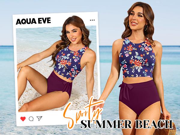 Aqua Eve Women High Waisted Bikini Set Racerback Swimsuit Two Piece Bathing Suit High Neck Swimwear Tankini Outfit Activewear