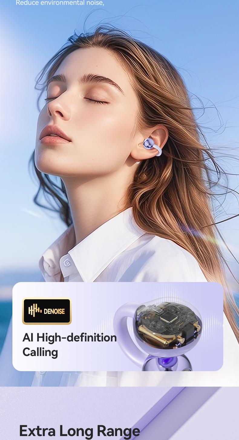 Clip-On Wireless Earbuds, Bluetooth-compatible 5.4 Stable Connection, Clear Hi-Fi Sound, Sweat-Resistant Design, Compatible with Android & iOS