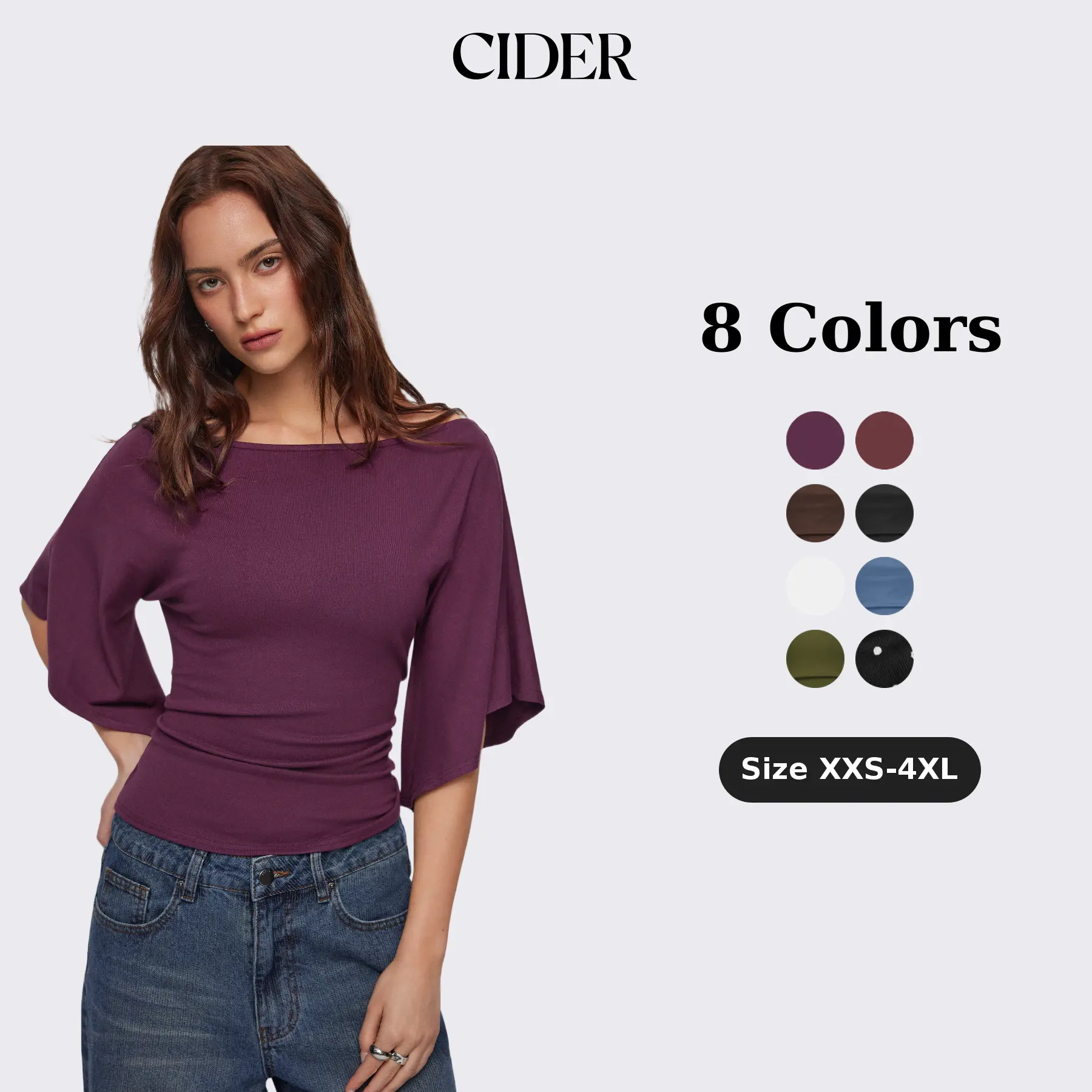 Cider Boat Neck Mid-length Bell Sleeve Ruched Tee