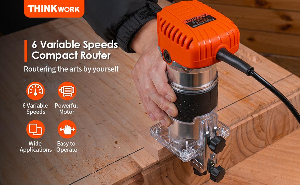 THINKWORK Compact Router, 6.5-Amp 1.25 HP Compact Wood Palm Router Tool, 6 Variable Speeds Wood Trimmer with 15 Pieces 1/4" Router Bits Set edge guide router bit wood router