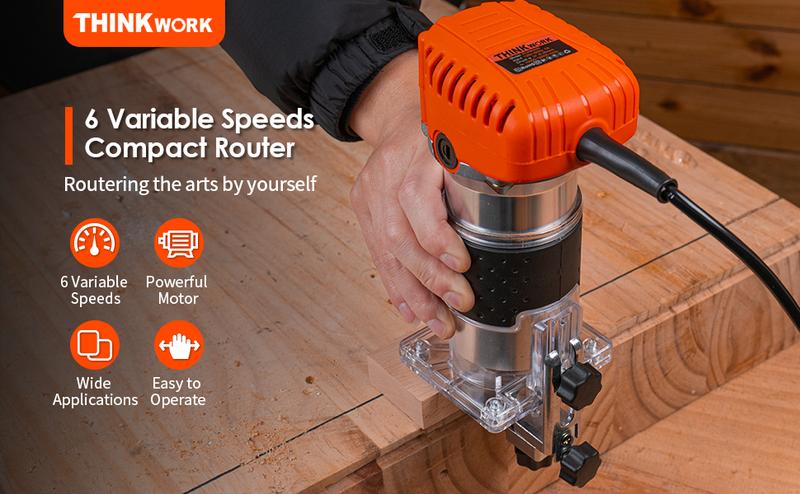 THINKWORK Compact Router, 6.5-Amp 1.25 HP Compact Wood Palm Router Tool, 6 Variable Speeds Wood Trimmer with 15 Pieces 1/4" Router Bits Set edge guide router bit wood router