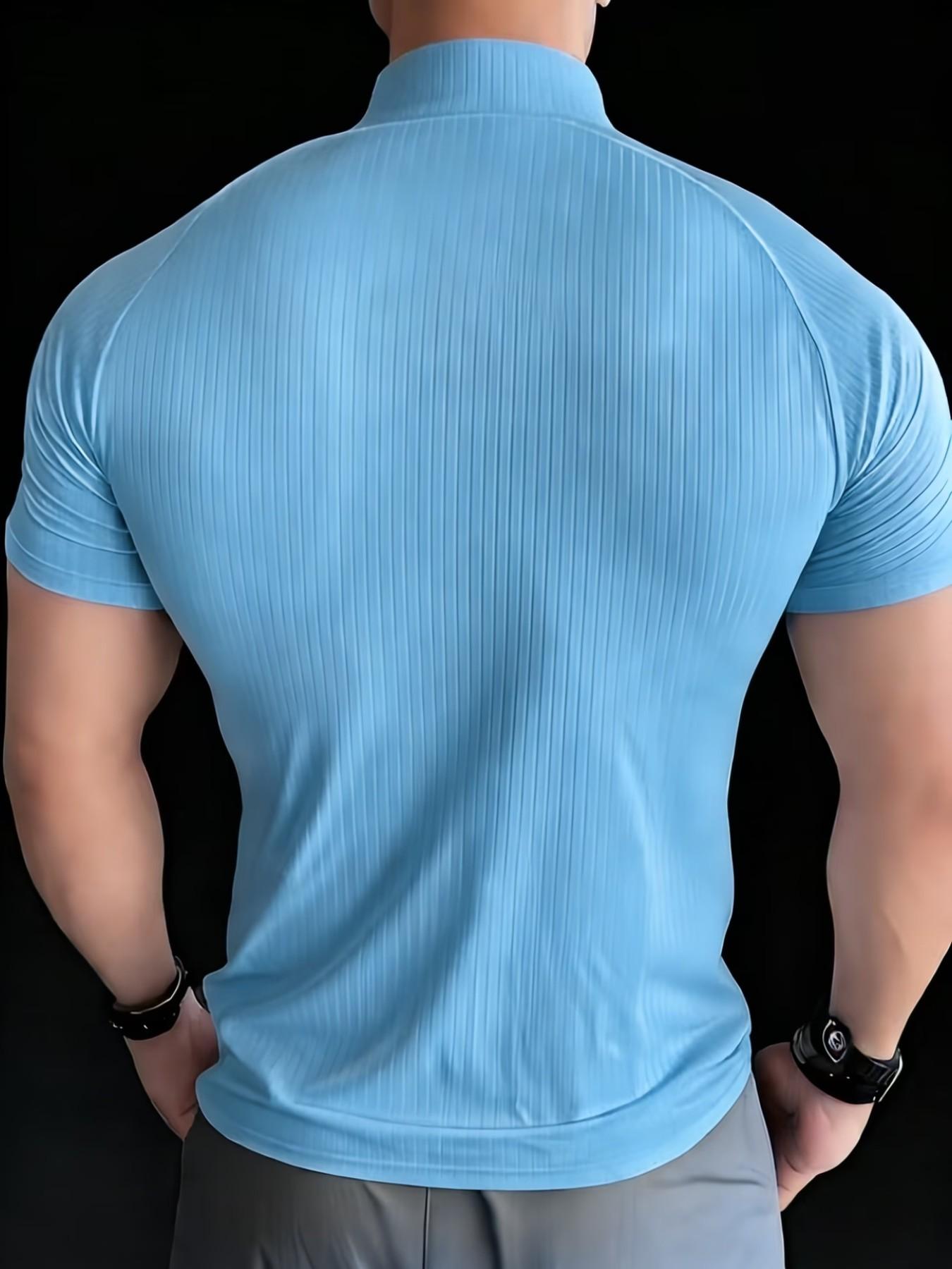 Men's Paris Stand Collar Polo Shirt, Elastic Ribbed Slim Fit, Muscle Show, Casual Sportswear, All Seasons, Loose-Fitting, Plain Pattern