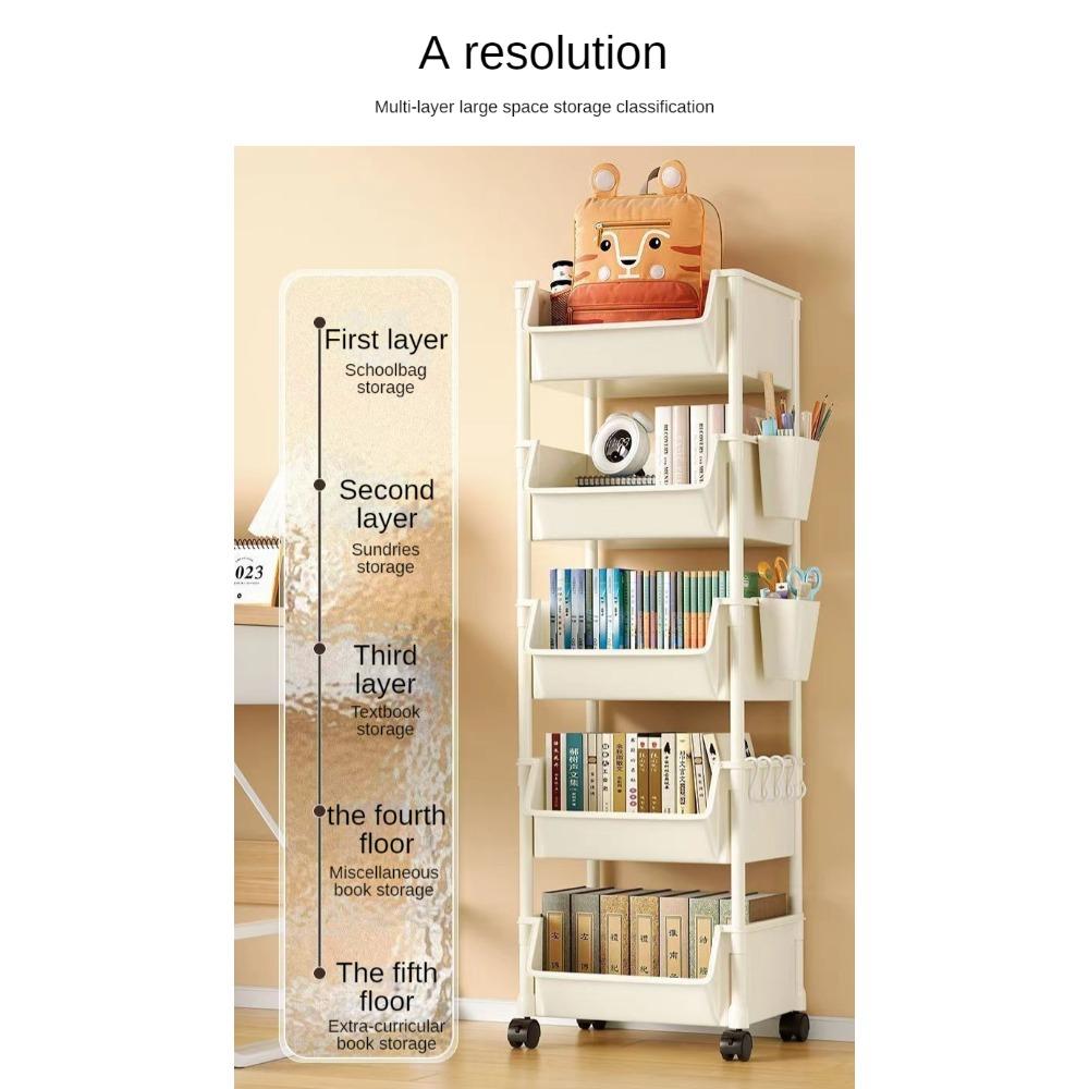 5 Layer Practical Mobile Rolling Multi-Functional Plastic Storage Cart with 4 Wheels, Floor Standing Shelves for Living Room Bedroom Dormitory Home Bookshelf Display Storage Rack