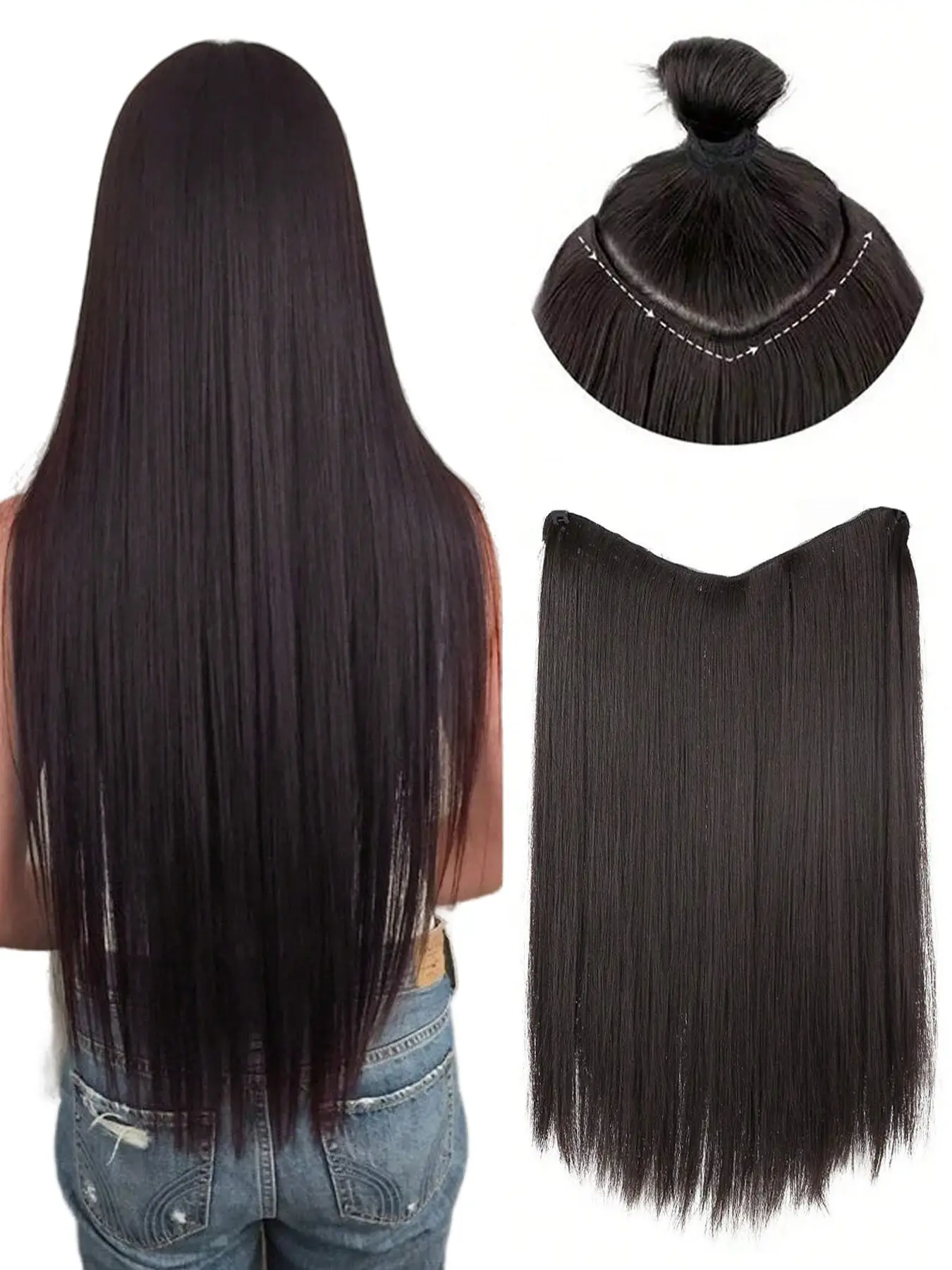 Synthetic 4-Clip Hair Extensions, Long Straight V-Shaped Wig, 24-Inch Clip-On, Natural Look, Halloween Special, All Seasons