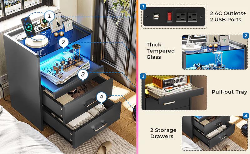 Sikaic LED Nightstand With Charging Station Drawers Furniture Bedroom Table Home Modern Design Bedside Makeup Dressing Desk