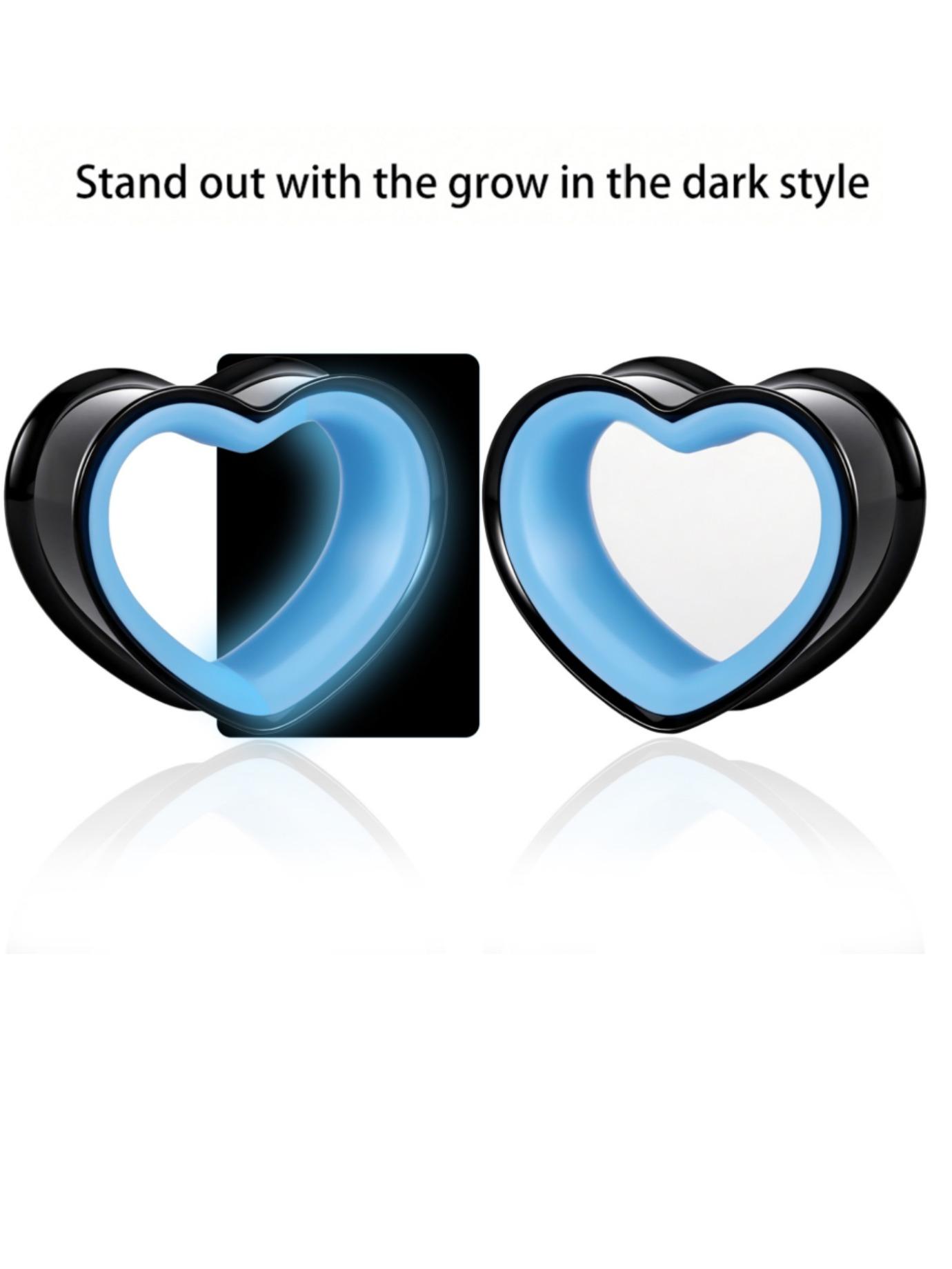 vanku 2pcs Glow in the Dark Heart Shaped Ear Gauges, 316L Stainless Steel, Hypoallergenic, Double Flared, Luminous Piercing Jewelry for Women Men