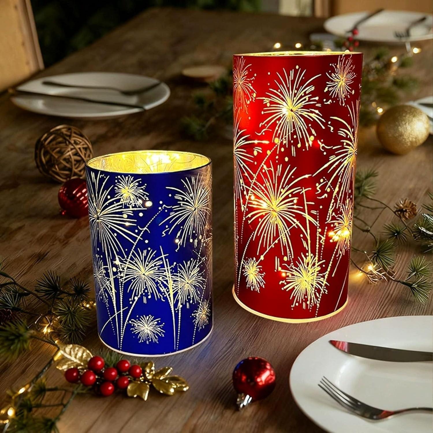 3-Piece Electronic Candle Holder Set, Candle Holders for Table Centerpiece, Home Decor Tabletop Centerpieces for Birthday Parties and Weddings, Featuring Cylindrical Frames with 'Bursting Fireworks' Pattern and LED Light Sources, Available in Warm White
