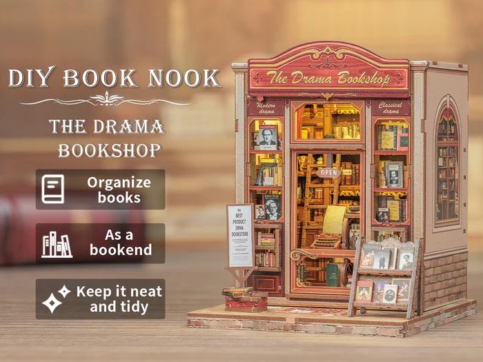 CUTEBEE DIY 3D Dollhouse Kit The Drama Bookshop Miniature Wooden Room with Furniture and Dust Cover Handmade Creative Toy for Teens and Adults Holiday Christmas and Black Friday Gift Home Decor