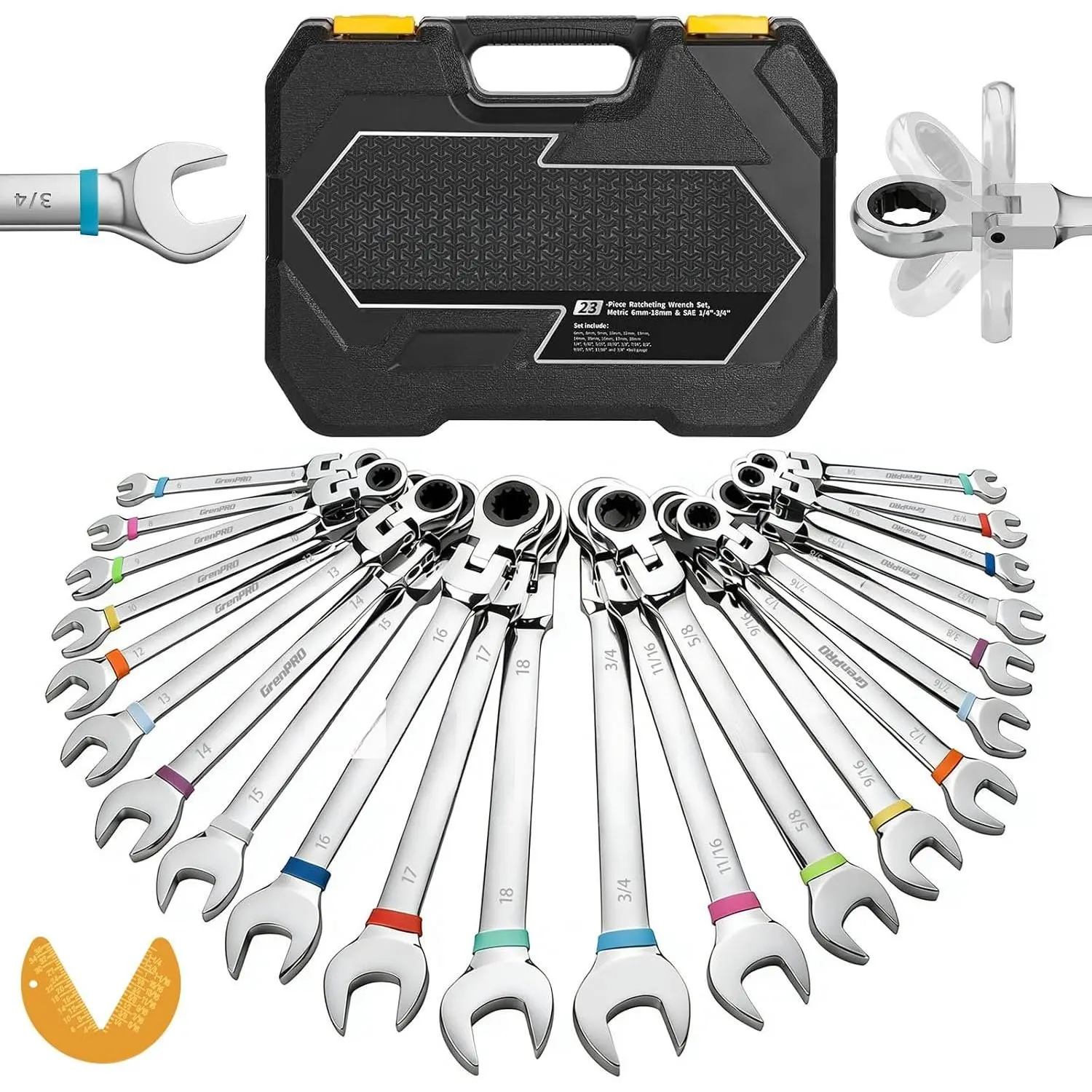 23-Piece Ratcheting Wrench Set, Metric & SAE Combination Head Wrenches for Car Repair