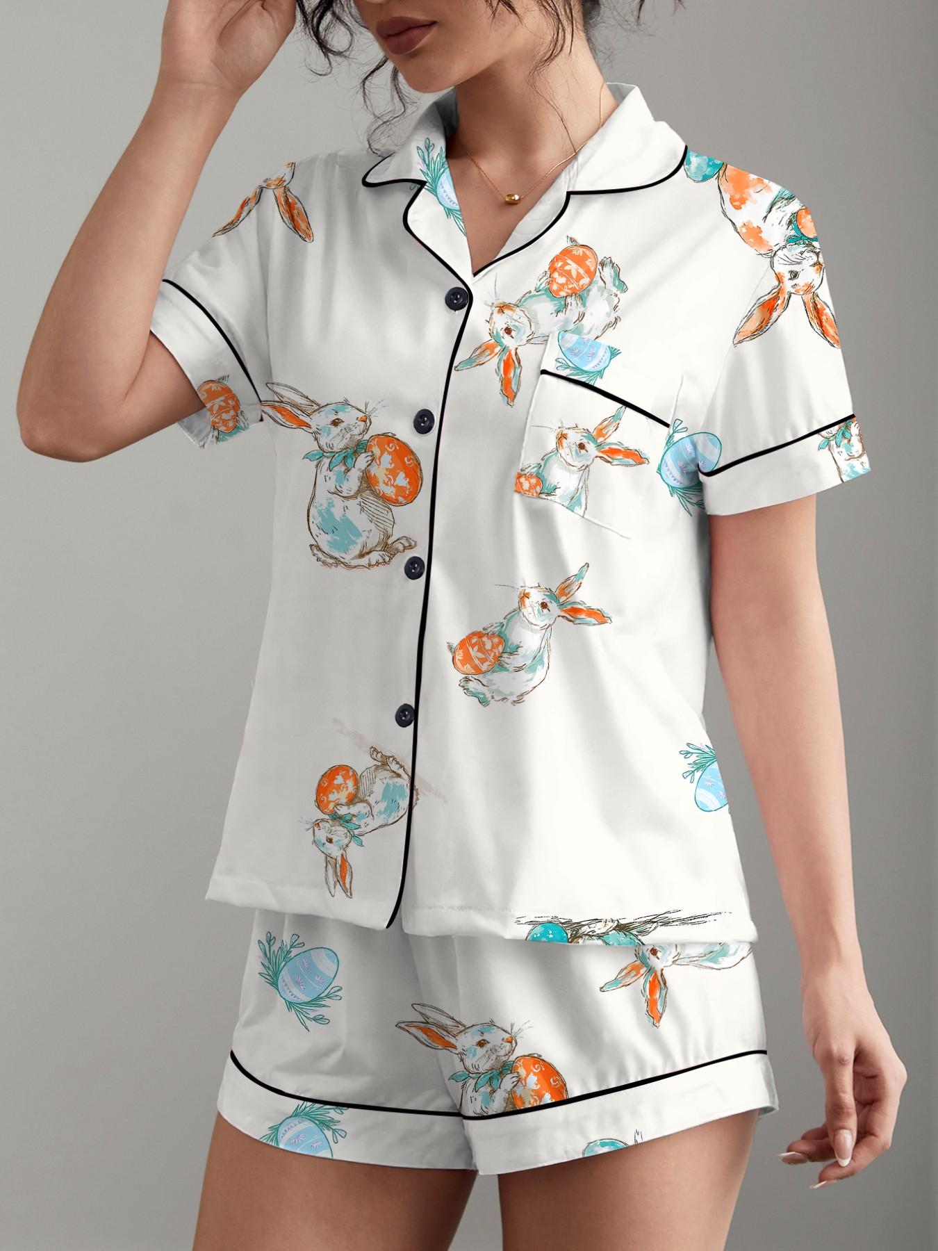 Easter 2 Piece Women's Pajama Set with Rabbit and Egg Print, Short Sleeve Button-Up Top and Loose Stretch Shorts, Casual Comfortable Sleepwear for Holidays and Everyday Wear