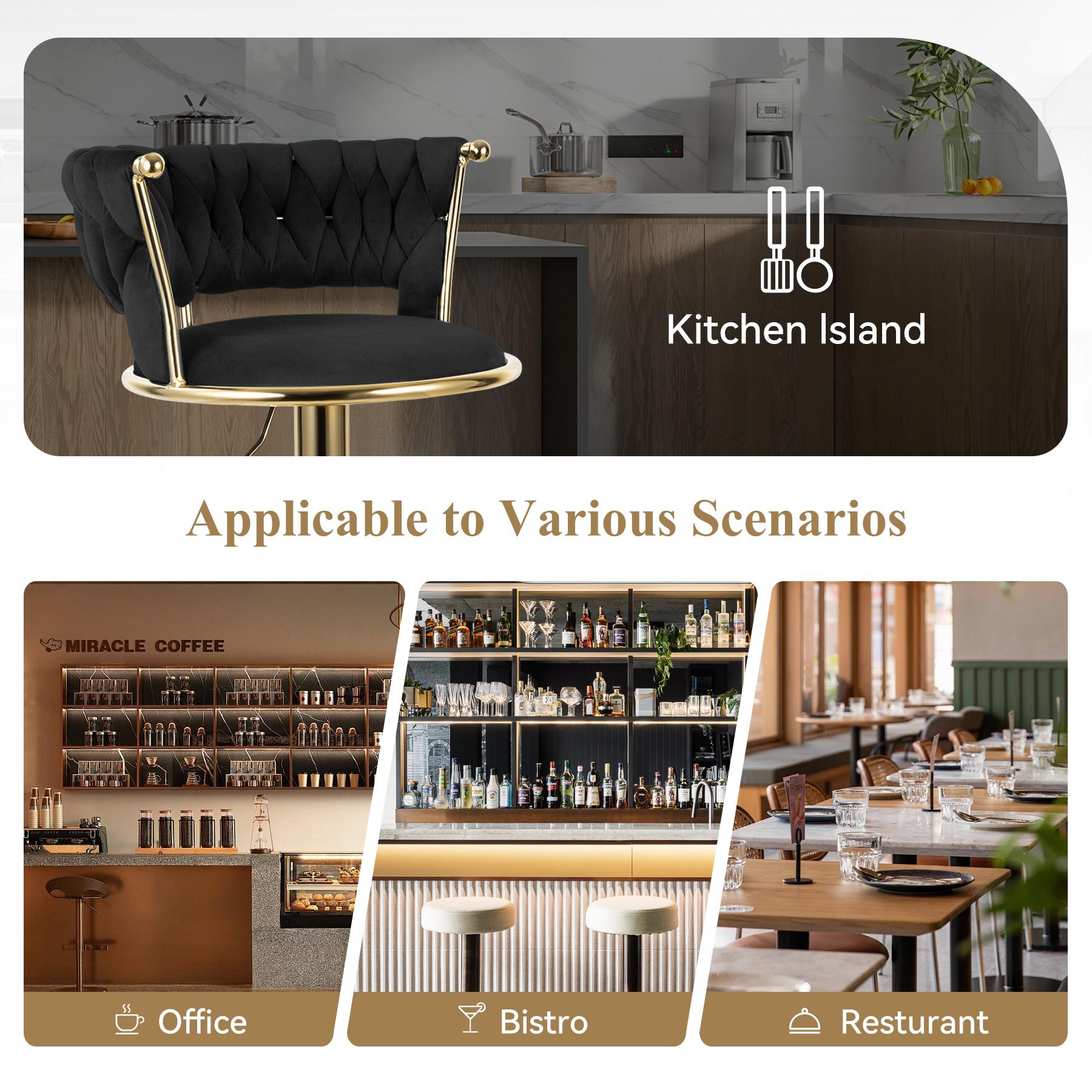 Velvet Bar Stools, Counter Height Bar Stools with Low Back, Gold Swivel Bar Stool for Kitchen Island, 360° Swivel Bar Chairs for Kitchen Island,Bar Pub