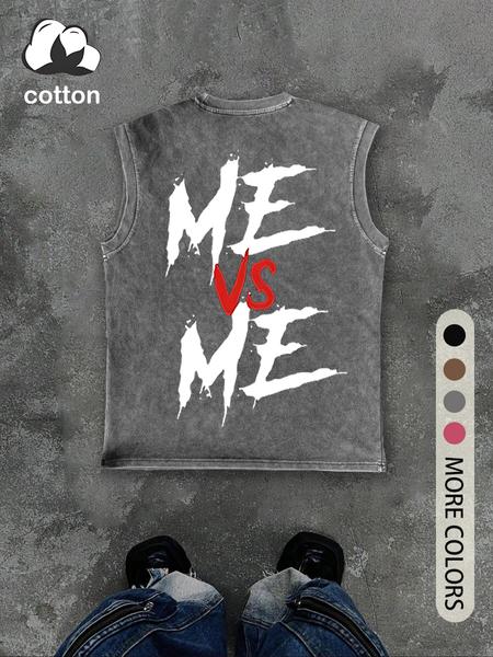 Men's Vintage Distressed "ME VS ME" Print Round Neck Tank Top, Regular Fit Casual Fashion Crew Neck Sleeveless Top for Summer, Men's Clothes for Daily Wear, Socks