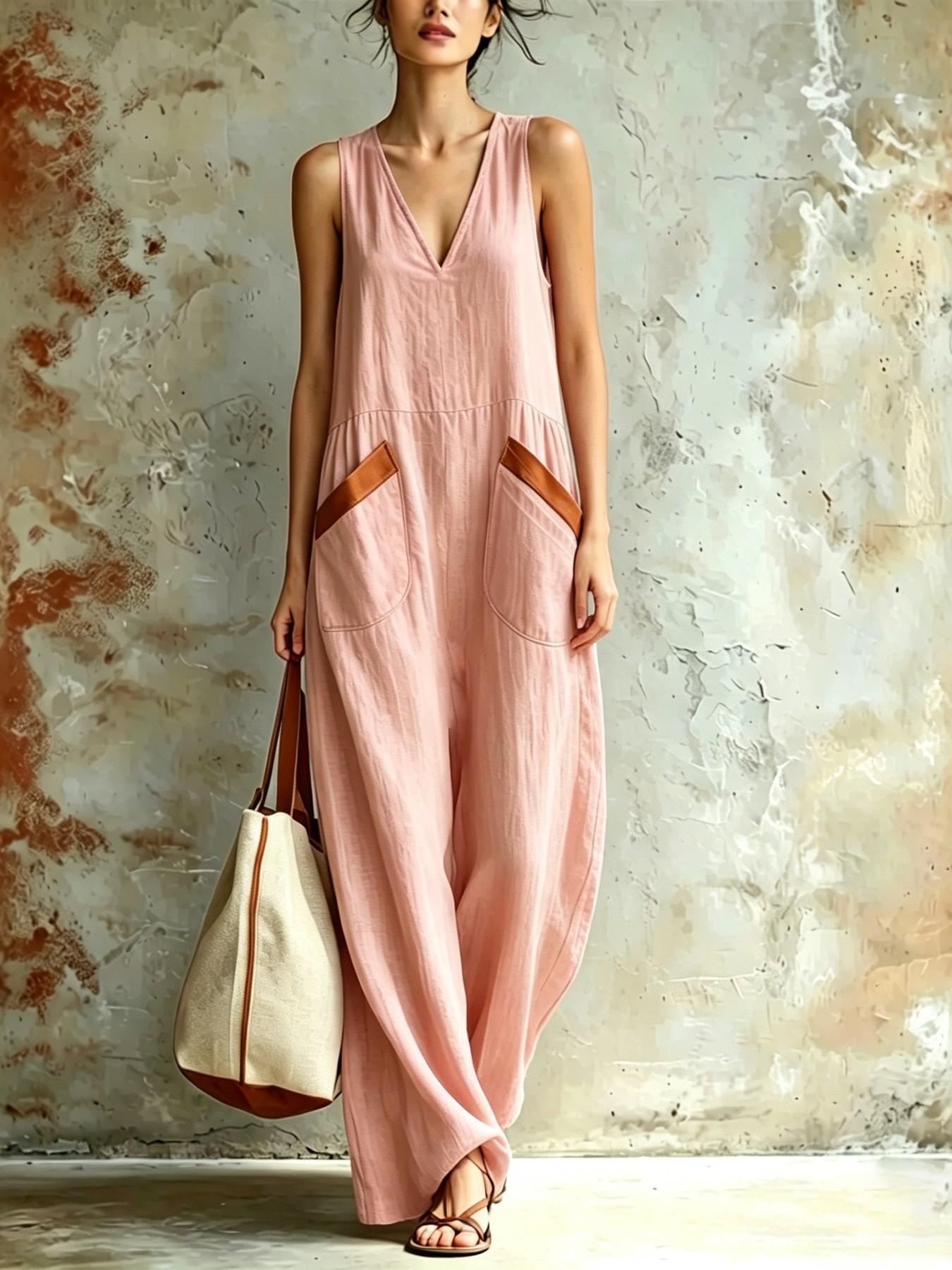 Women's Summer New Casual Fashion Chic Sleeveless V-Neck Loose Comfortable Lightweight Solid Dress, Summer Tank Dresses, Daily Commute, Trendy Ladies' Clothing