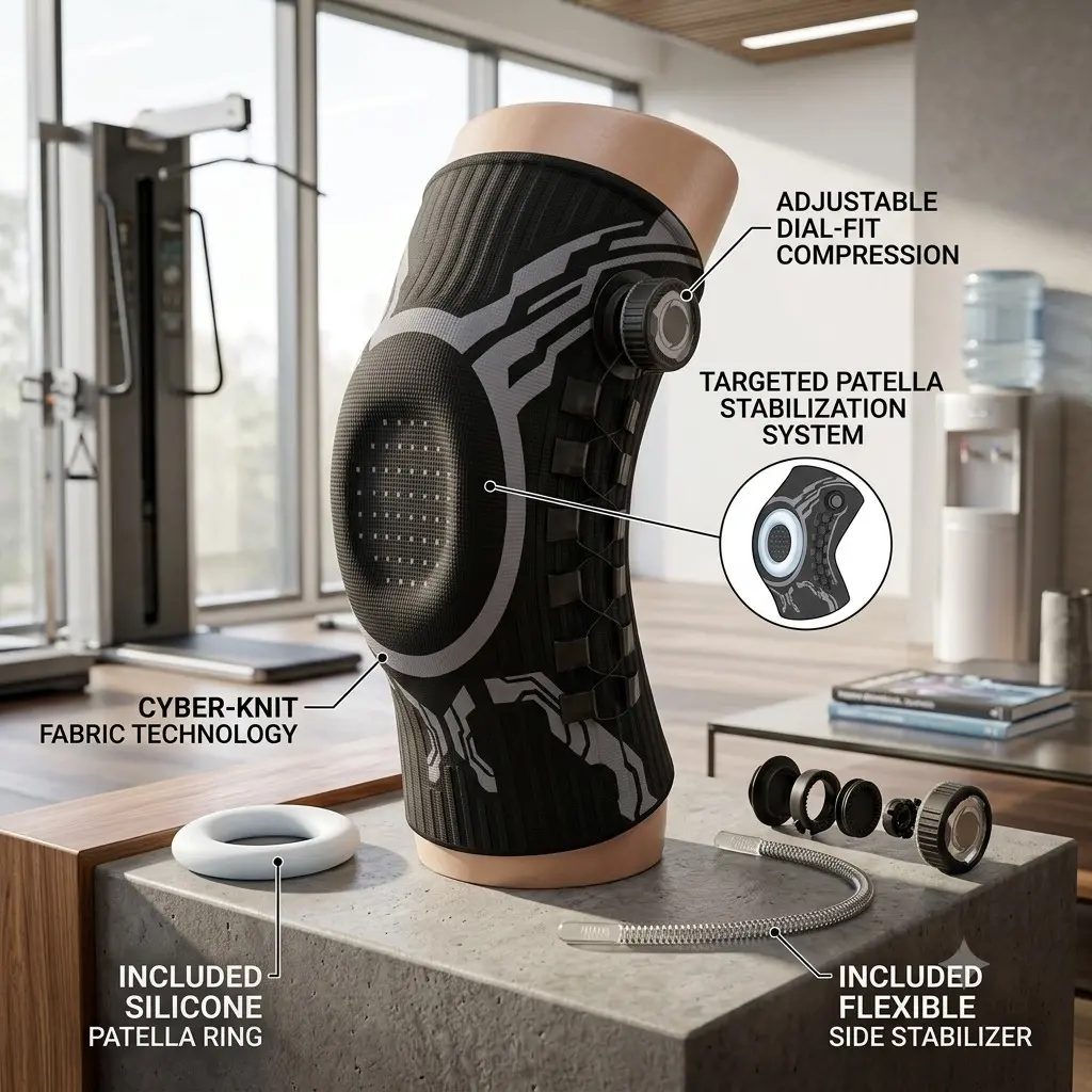 Adjustable Knob Compression Knee Brace, Elastic Knitted Support with Silicone Pad, Sports Knee Brace, Pain Relief for Running, Basketball, Gym, Meniscus Recovery
