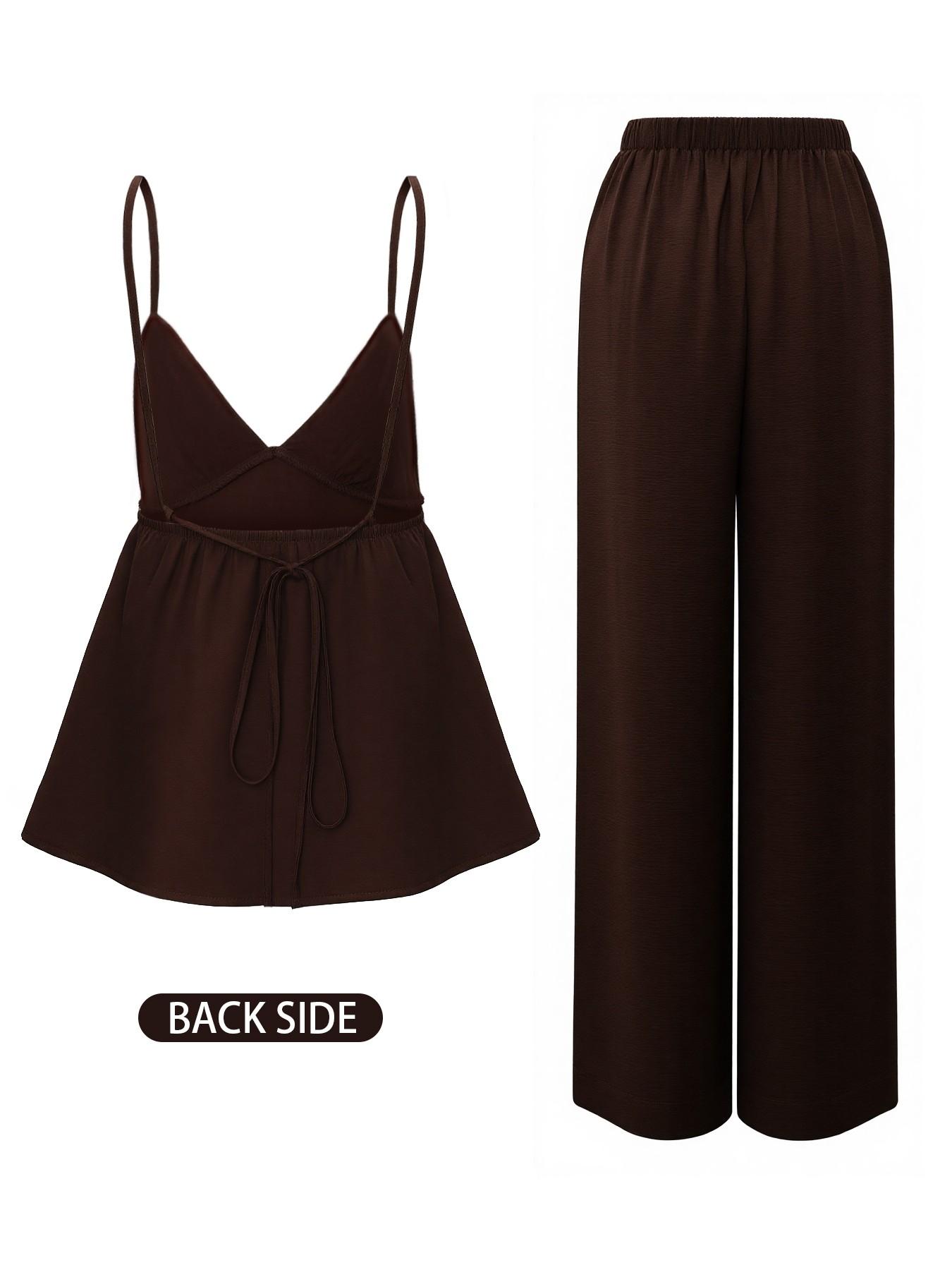 Fashion Casual Vacation Style Deep V Backless Crop Top and Wide Leg Pants Set, Womenswear Sleeveless Fitted H-Type, Long Regular Length, Natural Waist