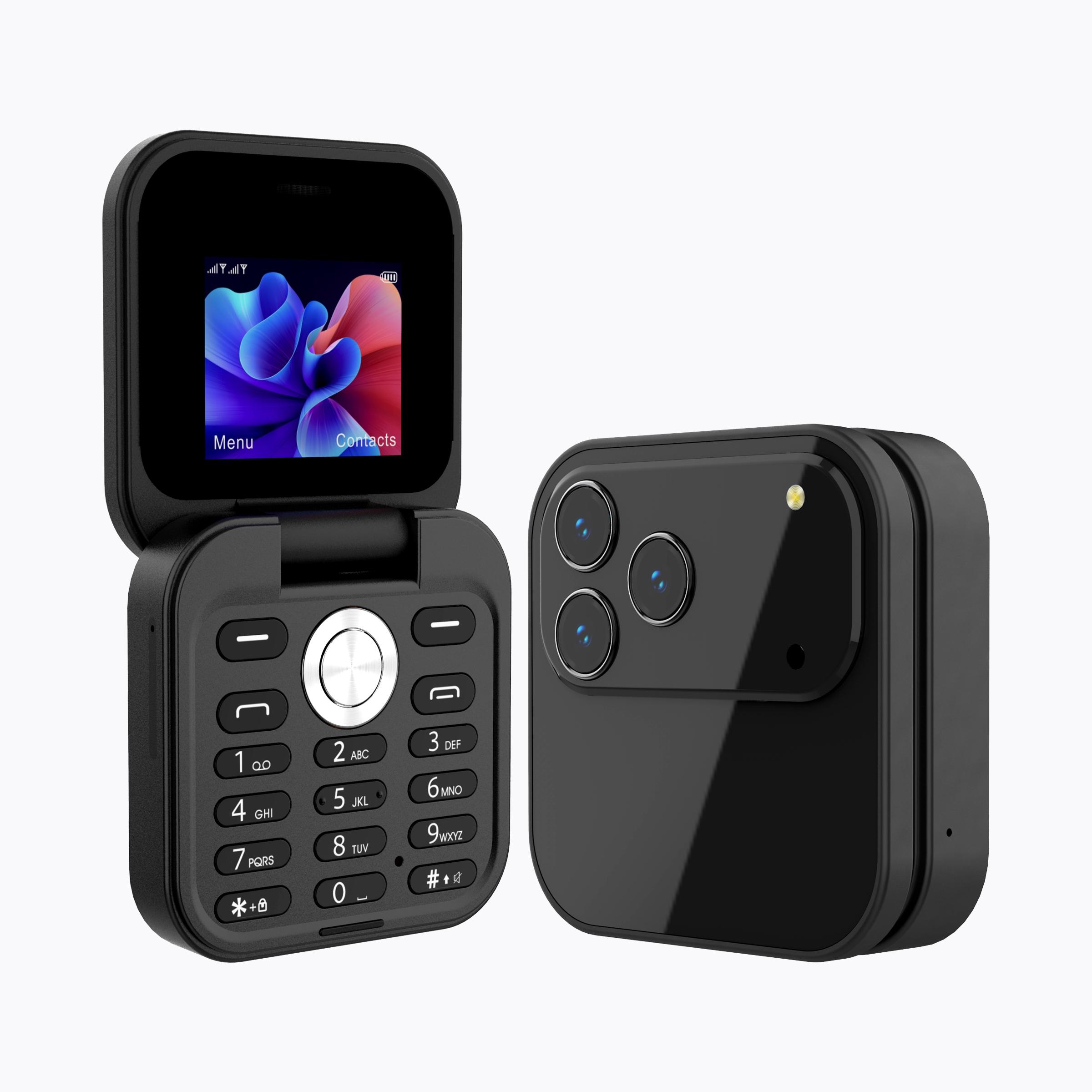 FUFFI fashionable mini folding clamshell phone with 2G network, 1.77-inch high-definition screen, dual SIM dual standby, 1000 mAh battery, flashlight/ music/ video/ convenient lanyard/ maximum support for 8GB capacity expansion