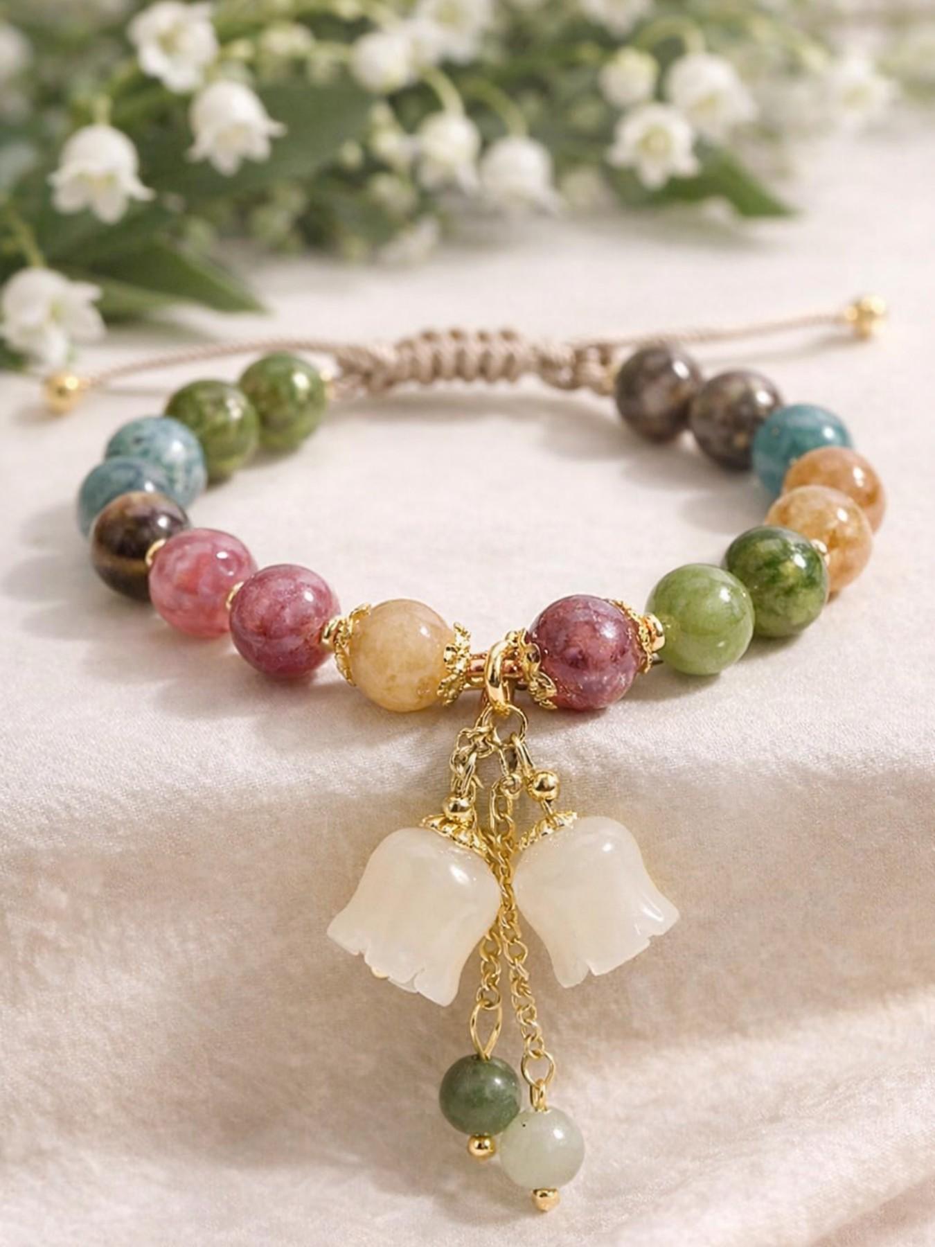 Handmade Colorful Quartz Beaded Bracelet with Bellflower Pendant, Adjustable Rope Chain Floral Charm, Cute Gift Jewelry for Women