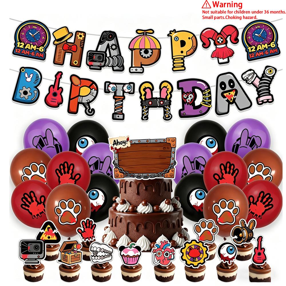 New popular FNAF Party Supplies Full Kit - FNAF Series Character Printed Balloons, Cake Insert Toppers and Happy Birthday Hanging Banner for Horror Game Themed Birthday Celebrations