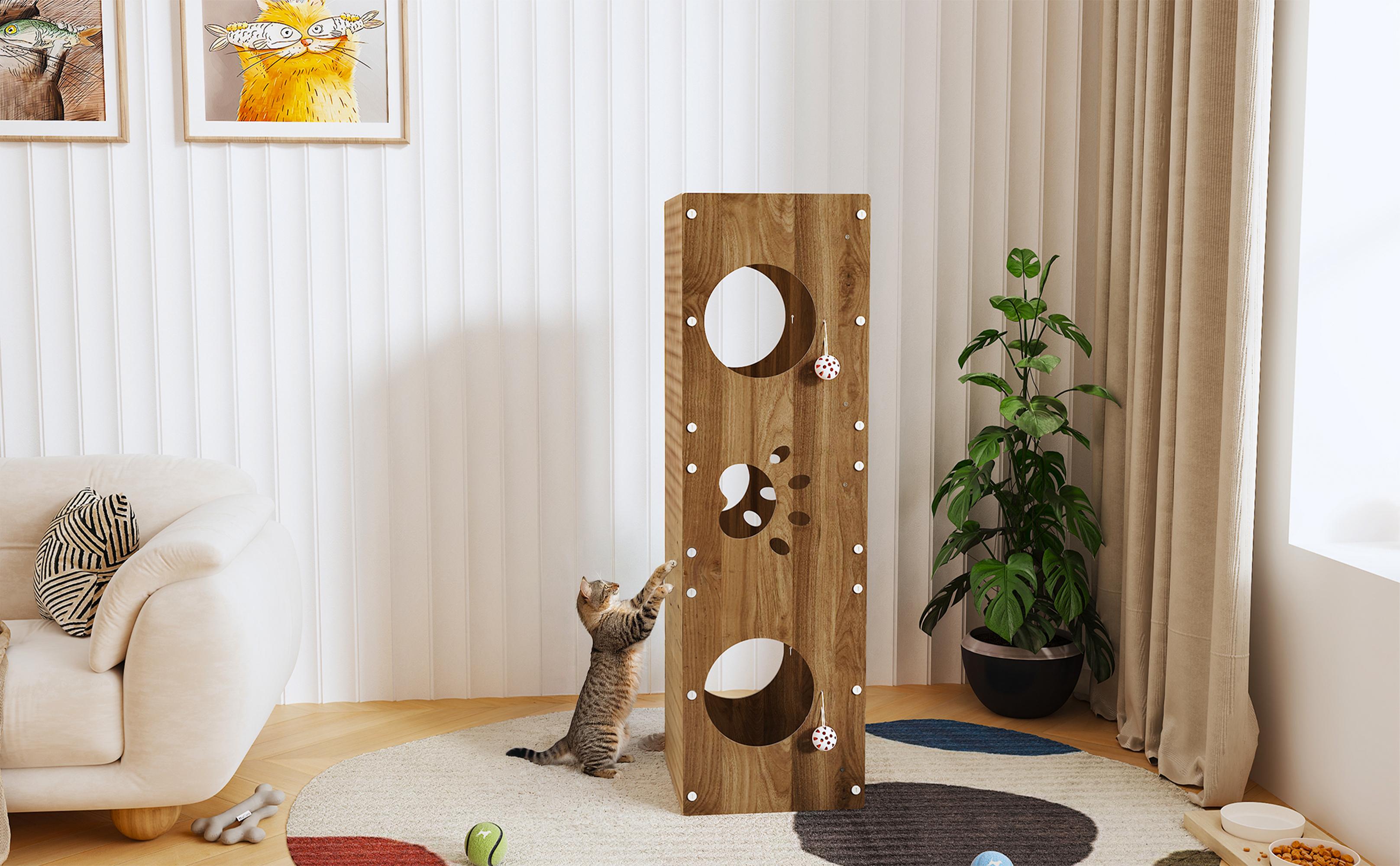 IRONCK Large Wooden Cat House & Scratcher with Ball Toy | 2-in-1 Pet Furniture for Indoor Cats, Durable Cat Bed & Playhouse