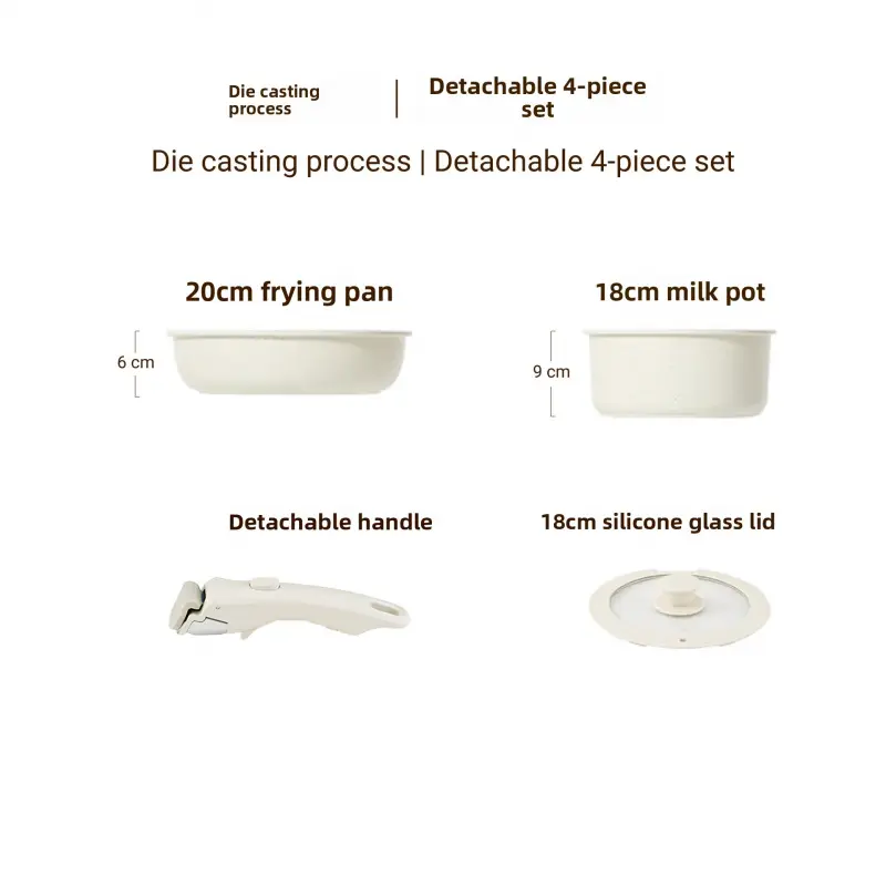 4pcs Detachable Nonstick Cookware Set with Steamer Frying Pan Wok and Separable Handles for Home Kitchen