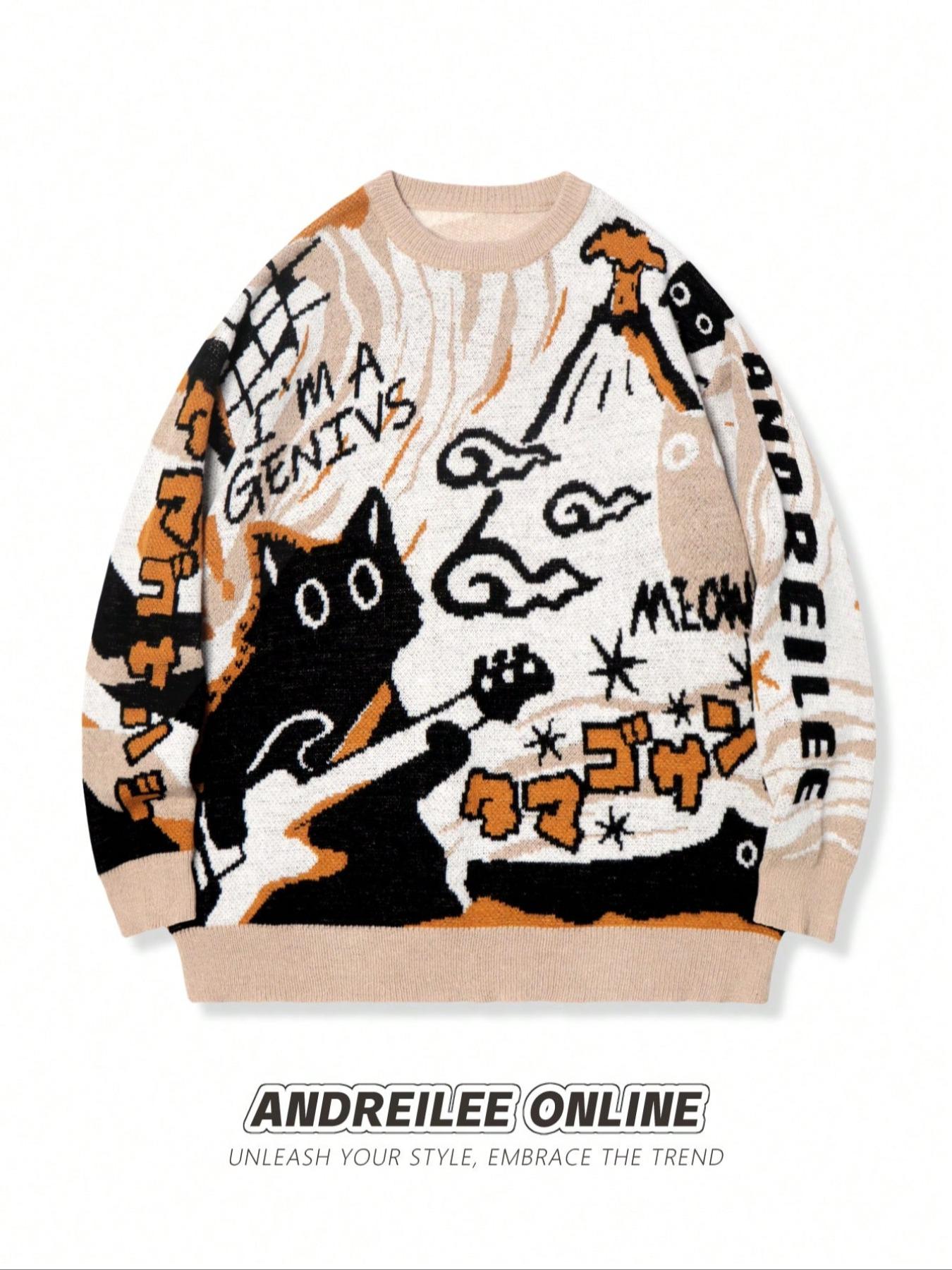 Autumn Winter Unisex Casual Knit Pullover Sweater, Round Neck Long Sleeve Cartoon Pattern Top, Loose Fit School Back-To-School Wear